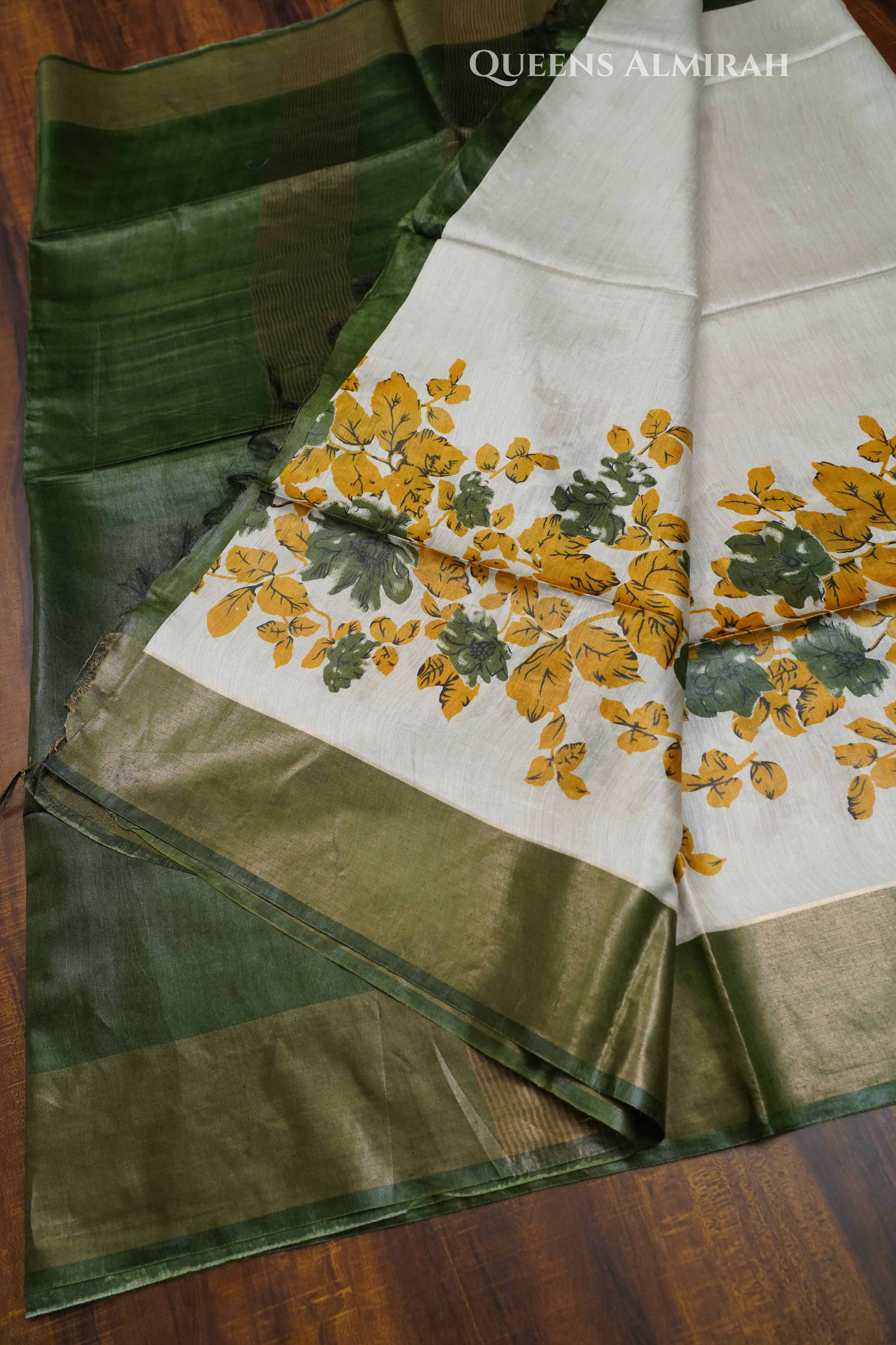 Ivory With Olive Green Pure Tussar silk Saree QUEENS ALMIRAH
