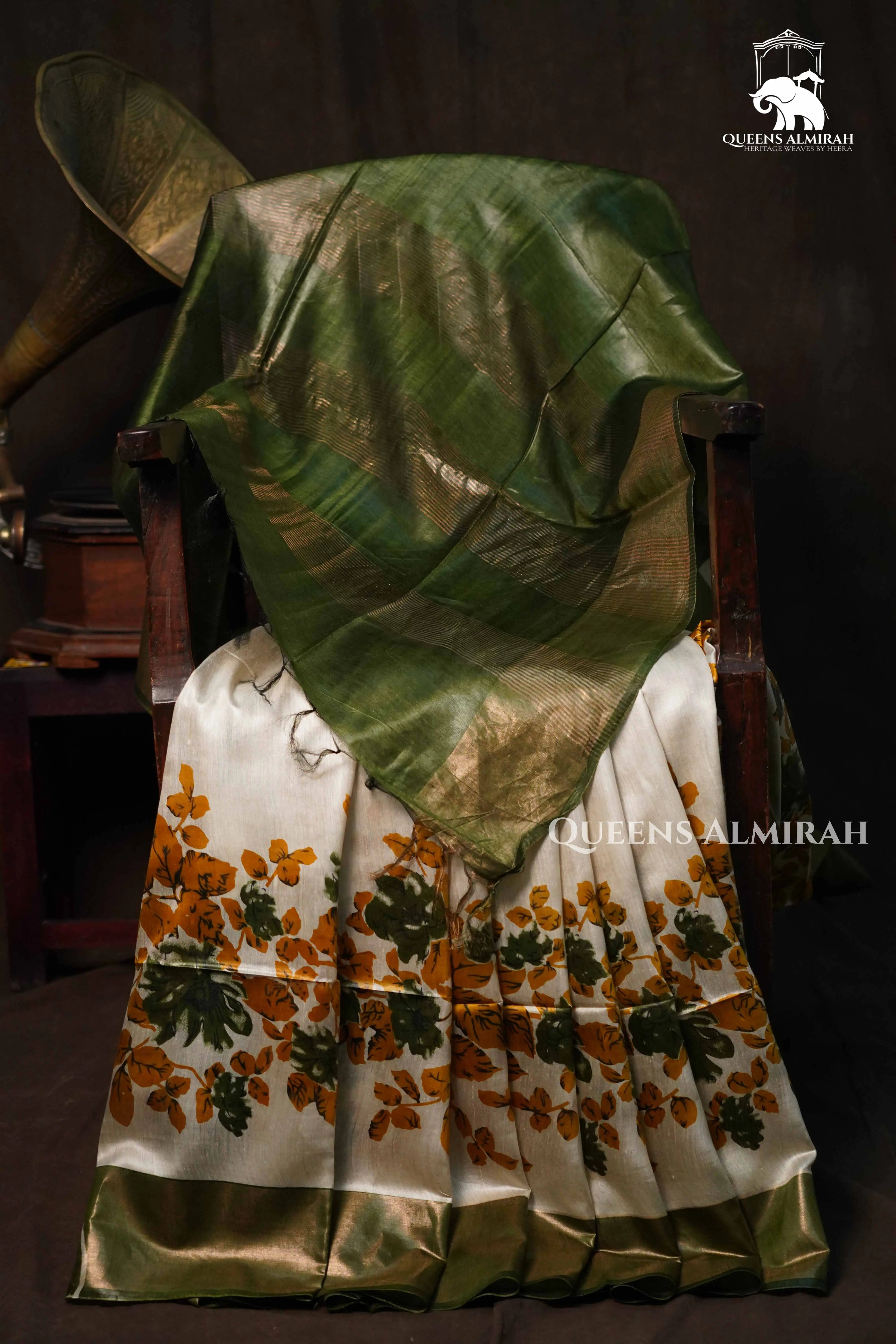 Ivory With Olive Green Pure Tussar silk Saree QUEENS ALMIRAH