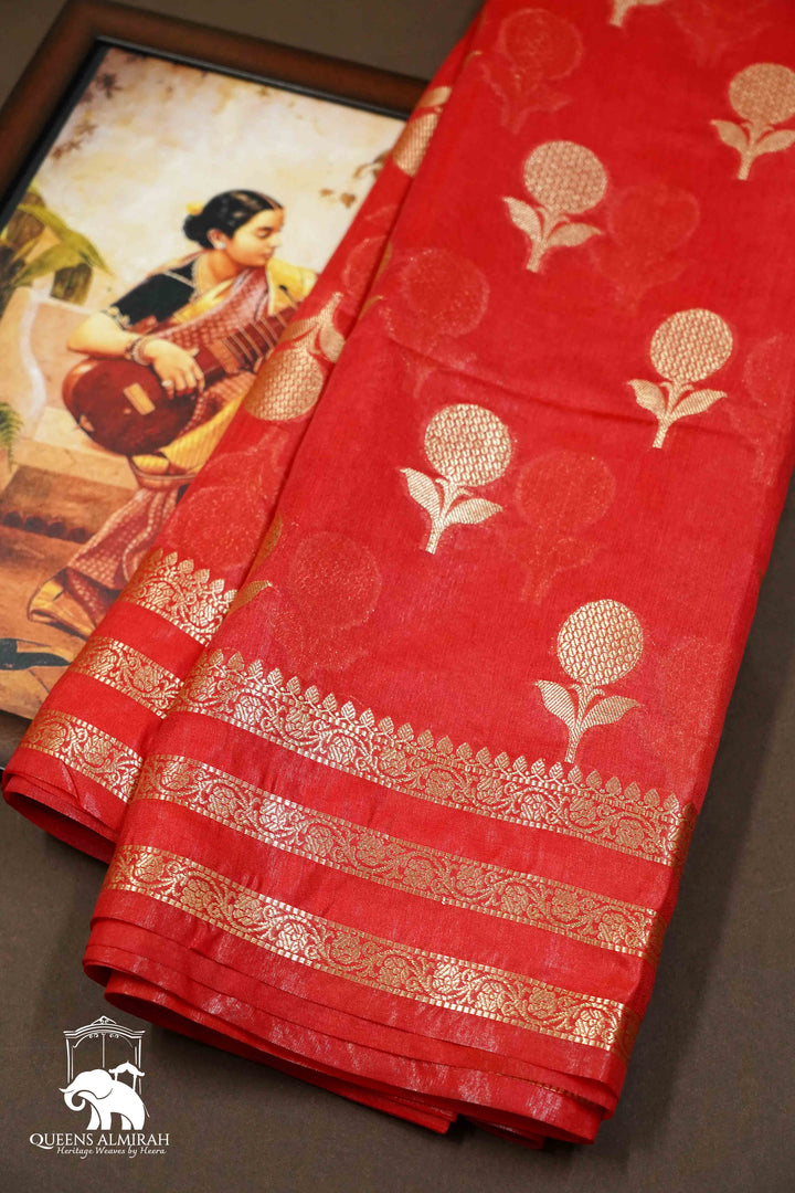 RED CHILLY SEMI  MUNGA SILK SAREE - Queens Jewel Emporium