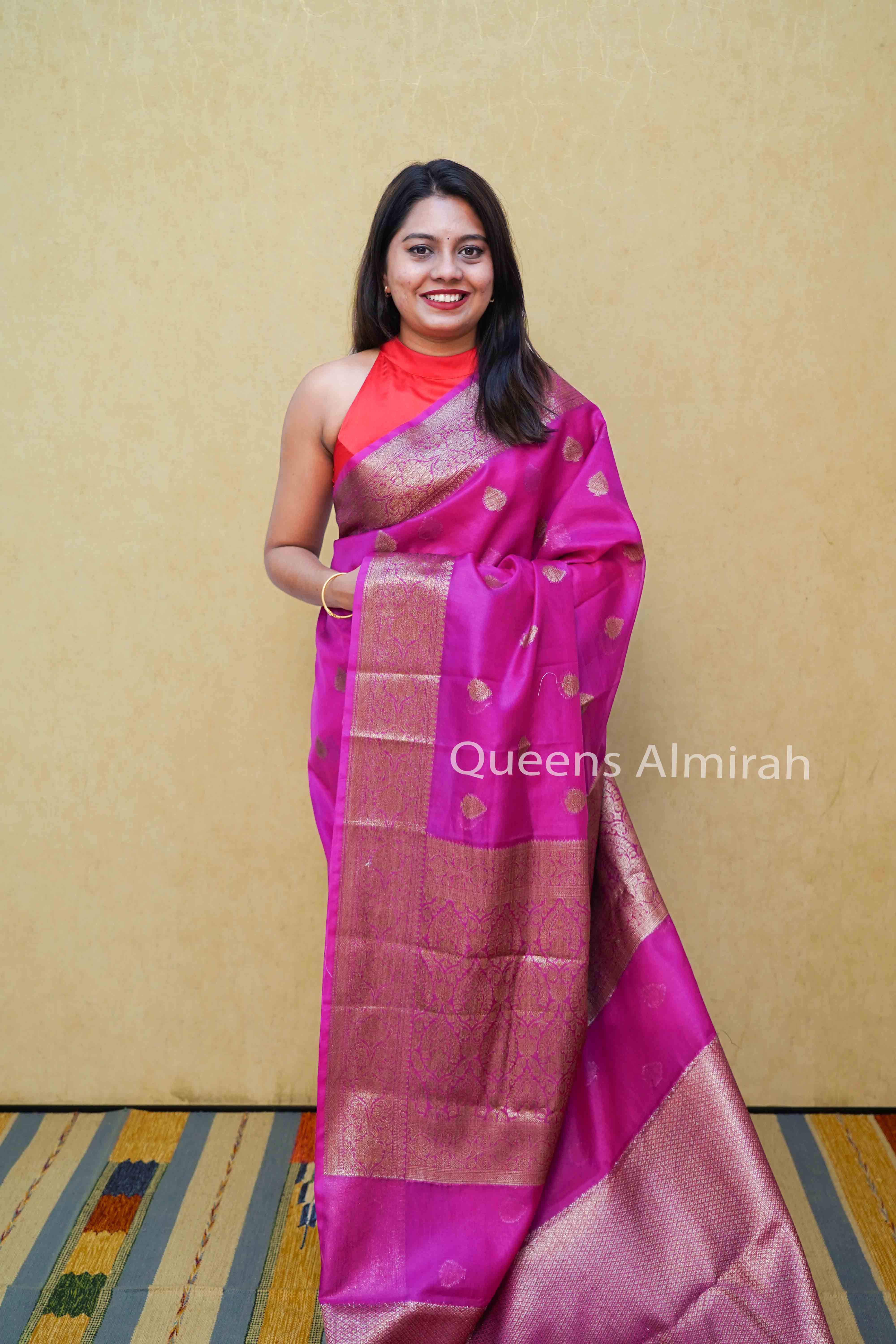JAZZBERRY JAM PINK  KORA ORGANZA SAREE - Queens Jewel Emporium