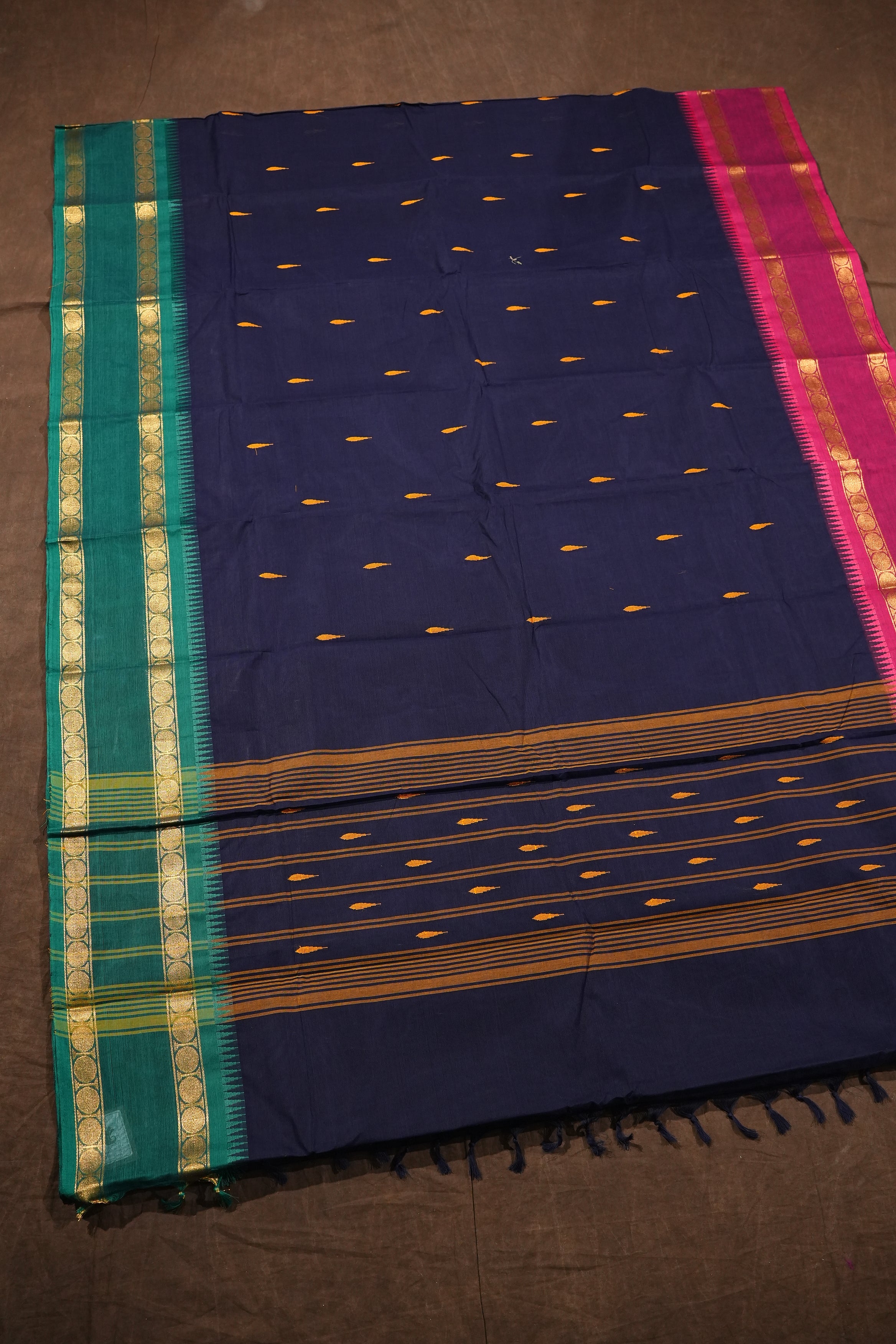 Navy Blue With Ganga Jamuna Border Kanchi Cotton Saree