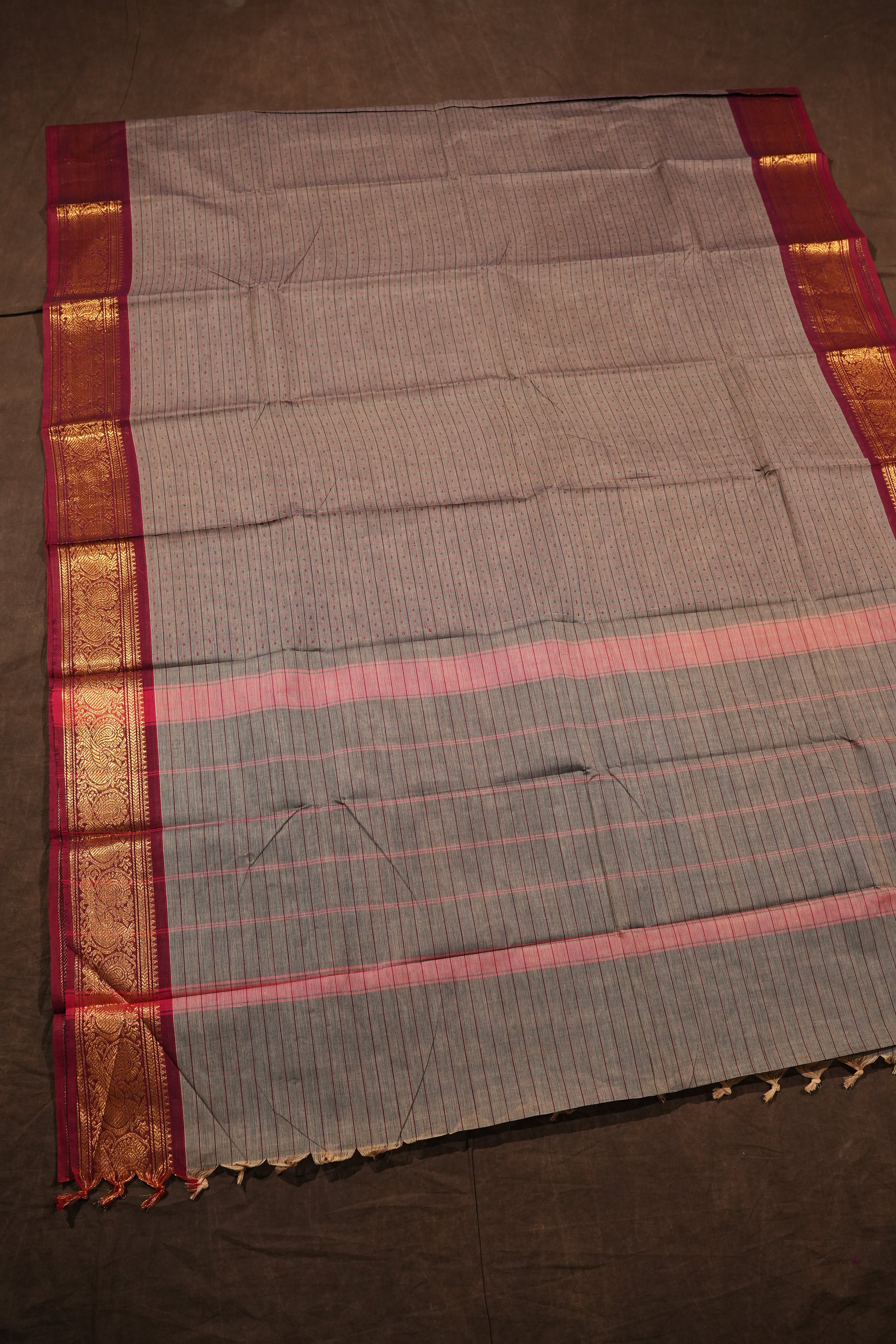 Grey Kattam Butta With Maroon Kanchi Cotton Saree