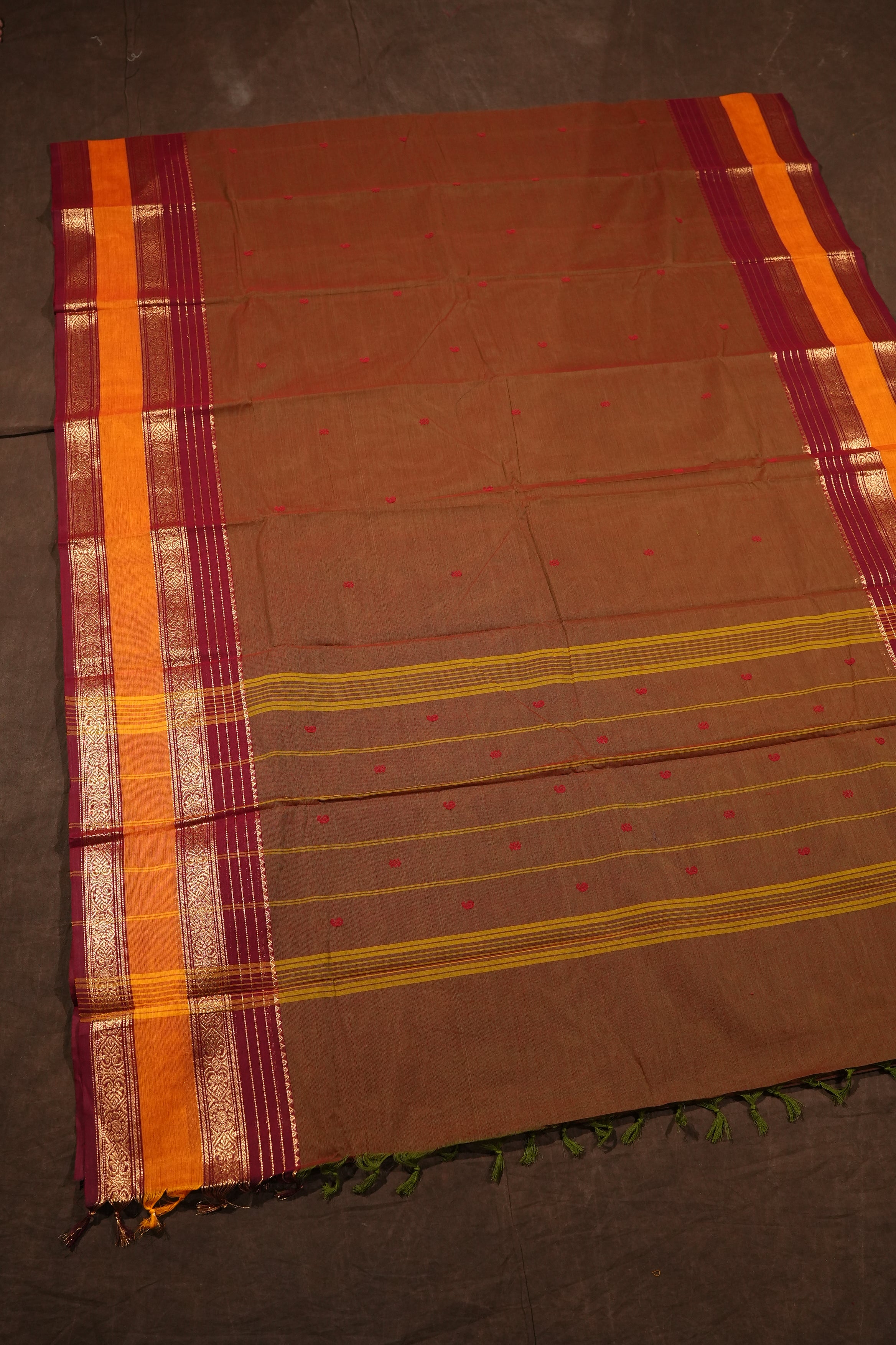 Brown With Red Kanchi Cotton Saree
