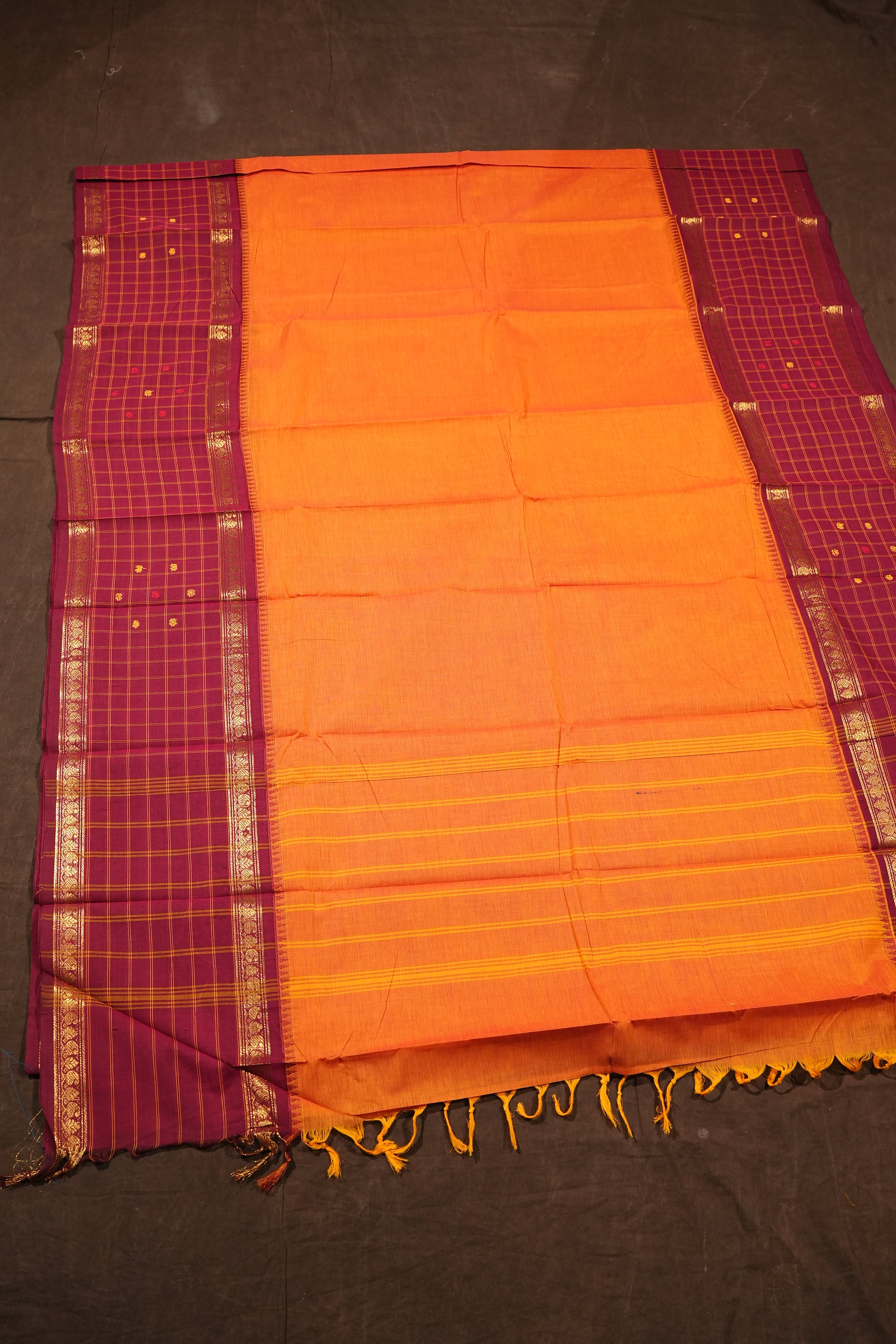 Yellow With Red Long Checked Border Kanchi Cotton Saree
