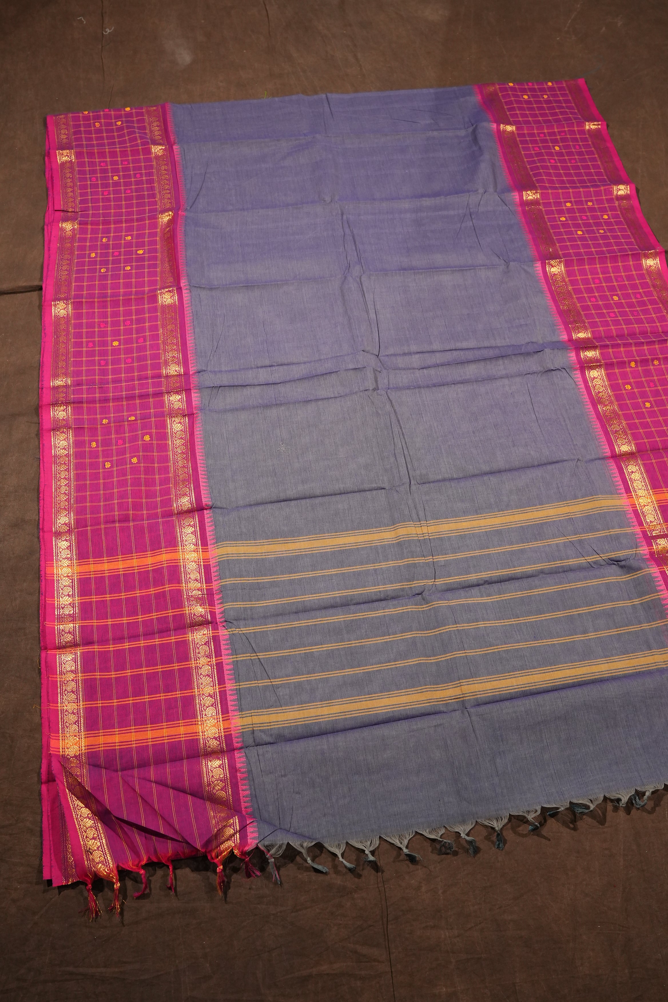 Ash With Pink Long Checked Border Kanchi Cotton Saree