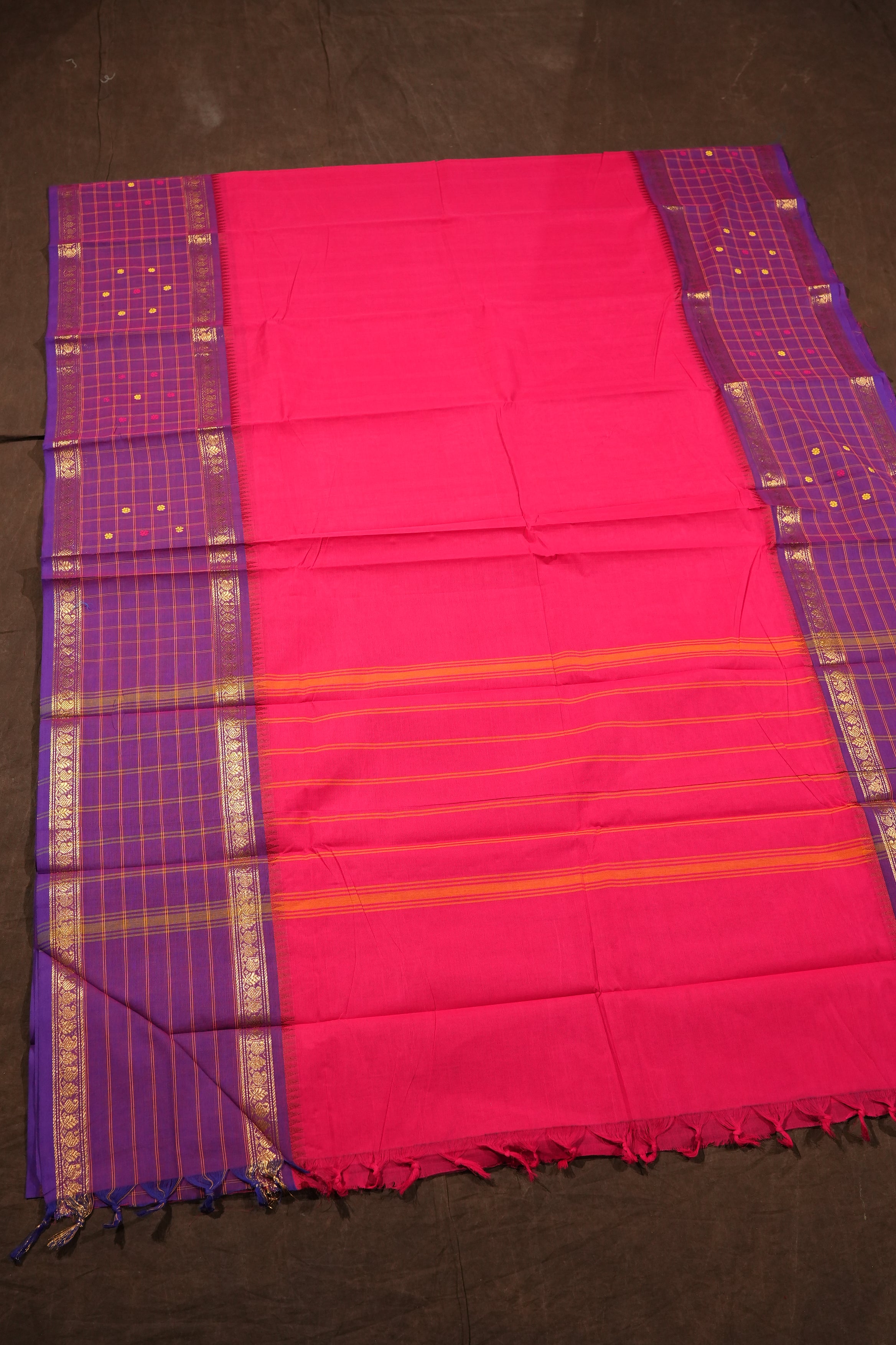 Rani Pink With Purple Long Checked Border Kanchi Cotton Saree