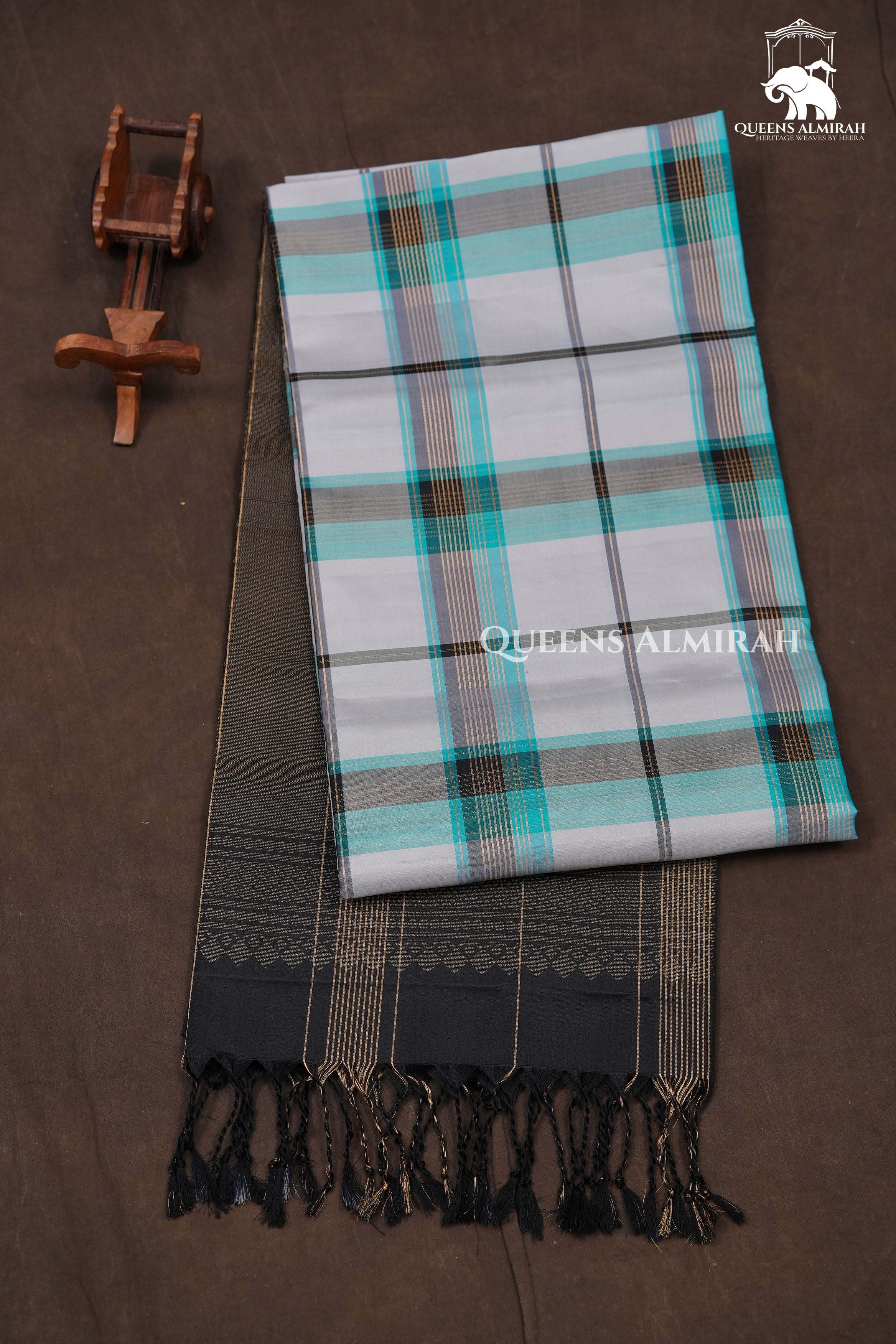Silver With Turquoise Blue Burberry Checks Pure Soft Silk Saree