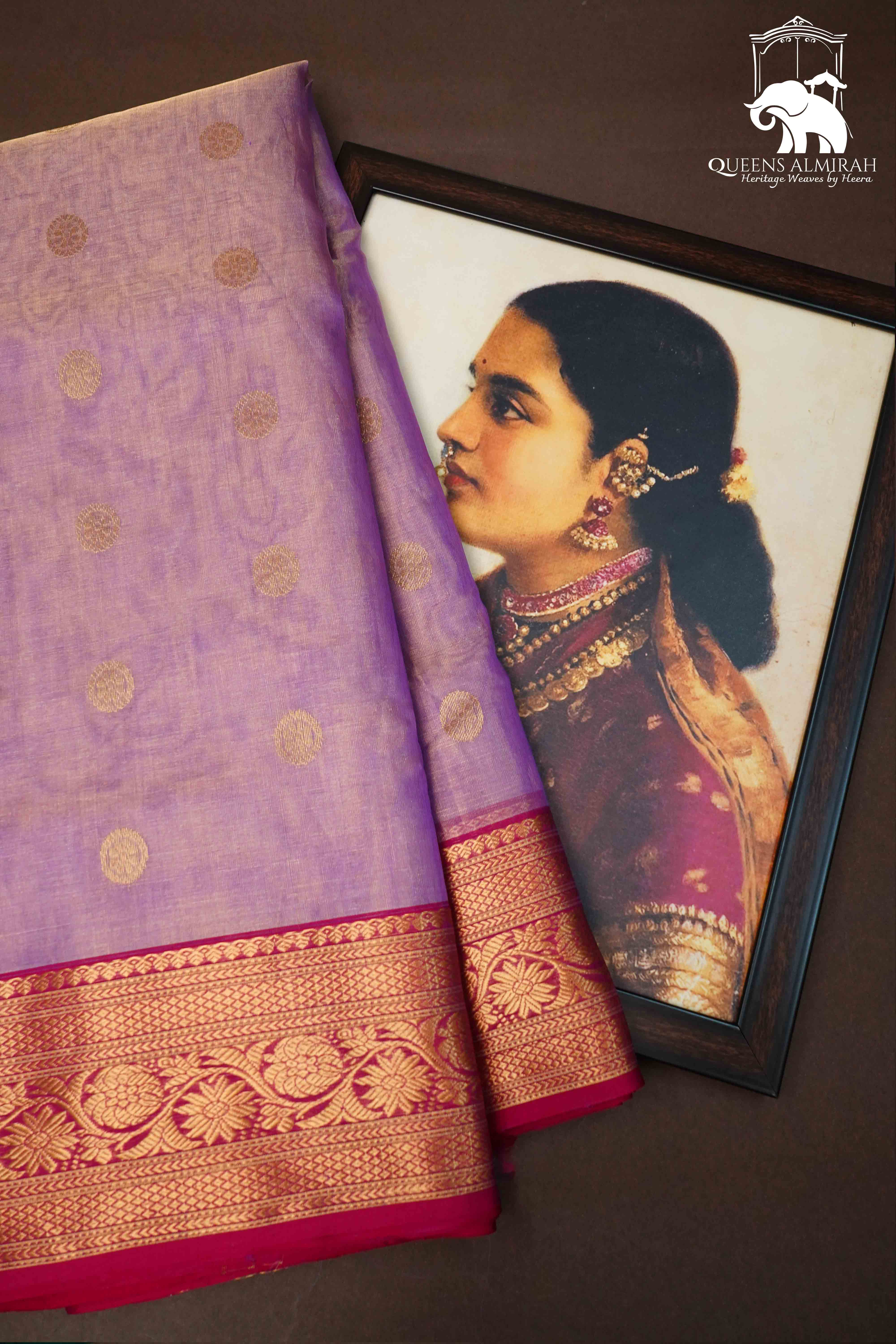 LAVENDER PURPLE KATAN HANDLOOM PURE CHANDERI SILK TISSUE SAREE - Queens Jewel Emporium