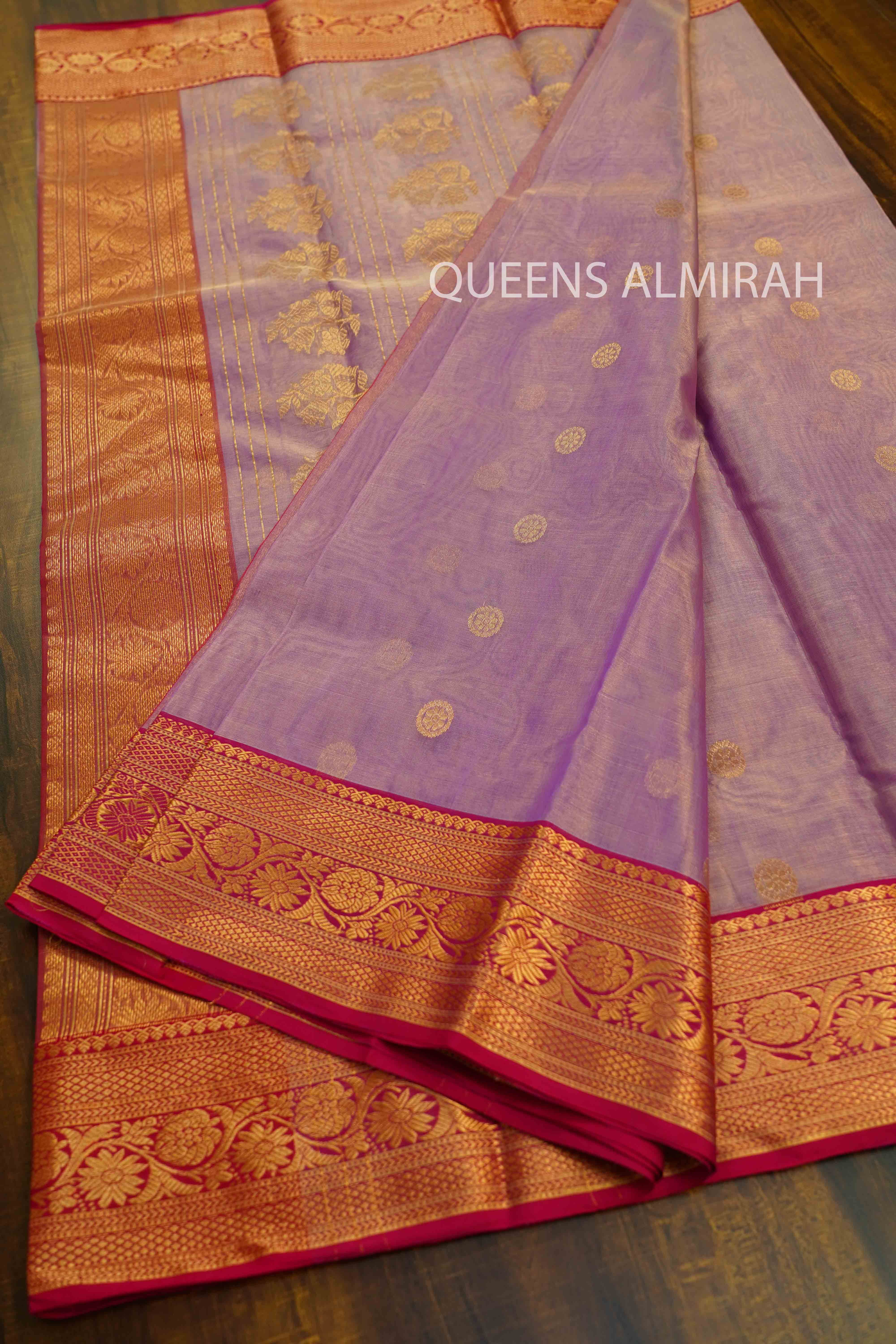 LAVENDER PURPLE KATAN HANDLOOM PURE CHANDERI SILK TISSUE SAREE - Queens Jewel Emporium