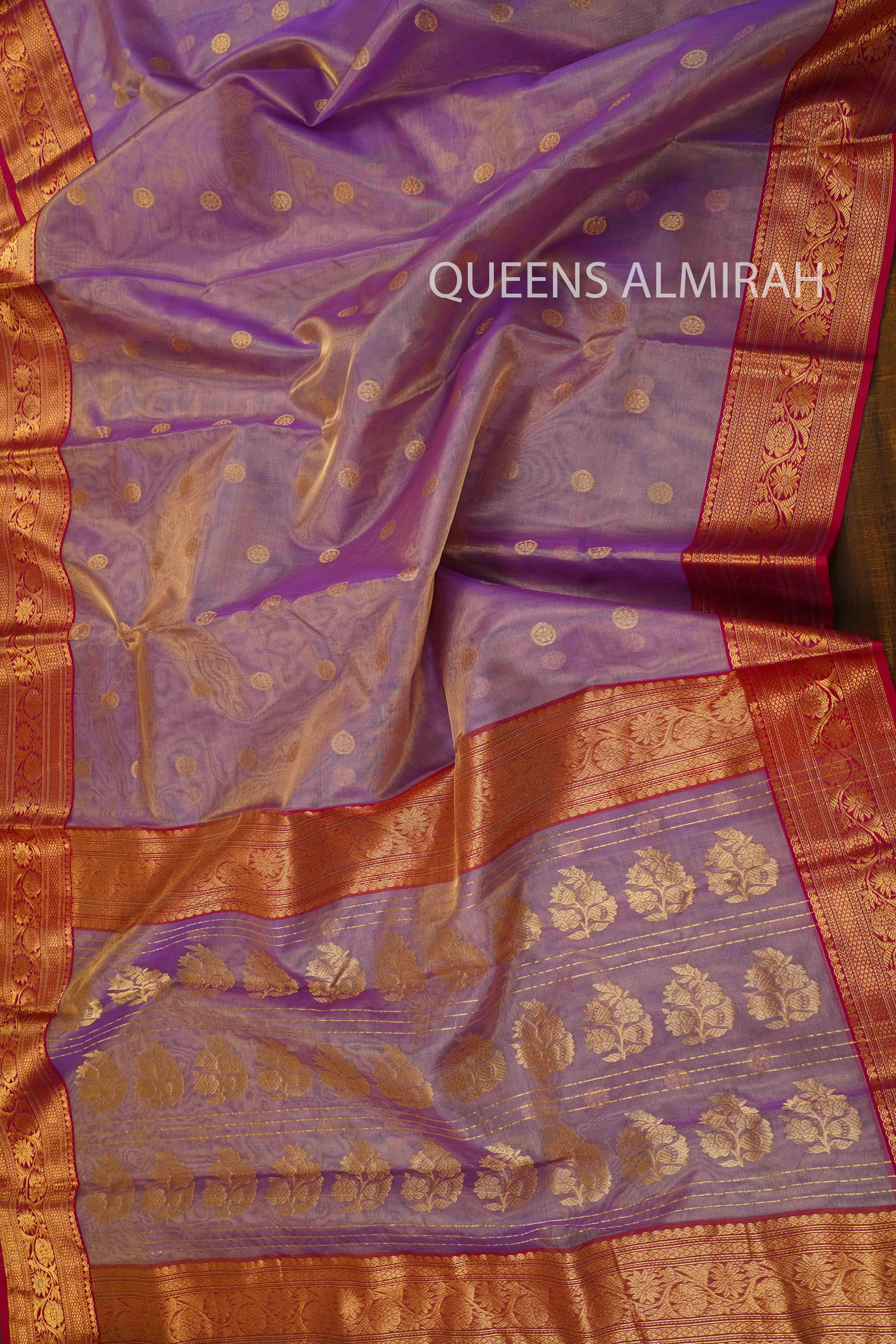 LAVENDER PURPLE KATAN HANDLOOM PURE CHANDERI SILK TISSUE SAREE - Queens Jewel Emporium