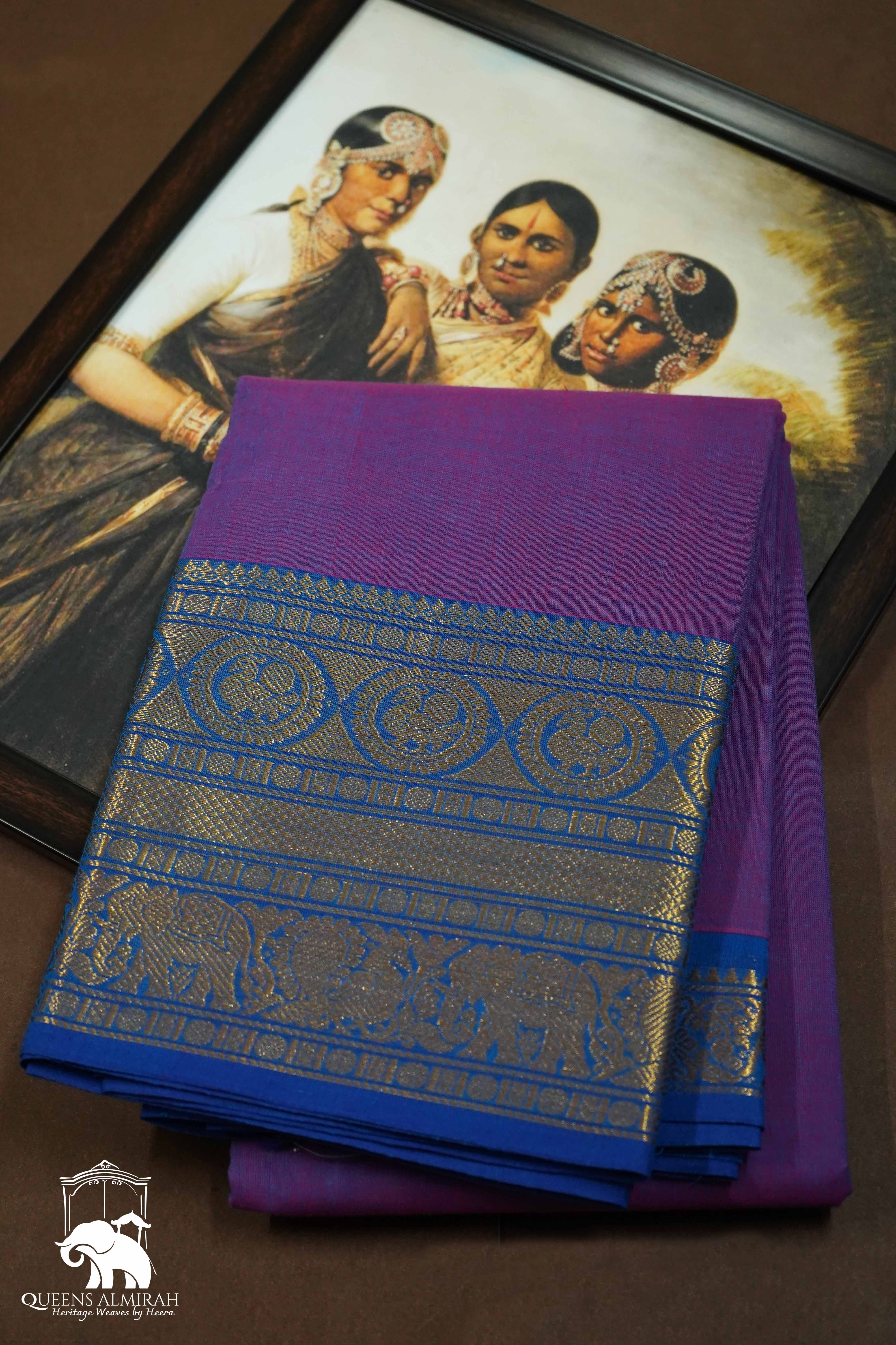 LAVENDER WITH DEEP BLUE KANCHI COTTON SAREE - Queens Jewel Emporium