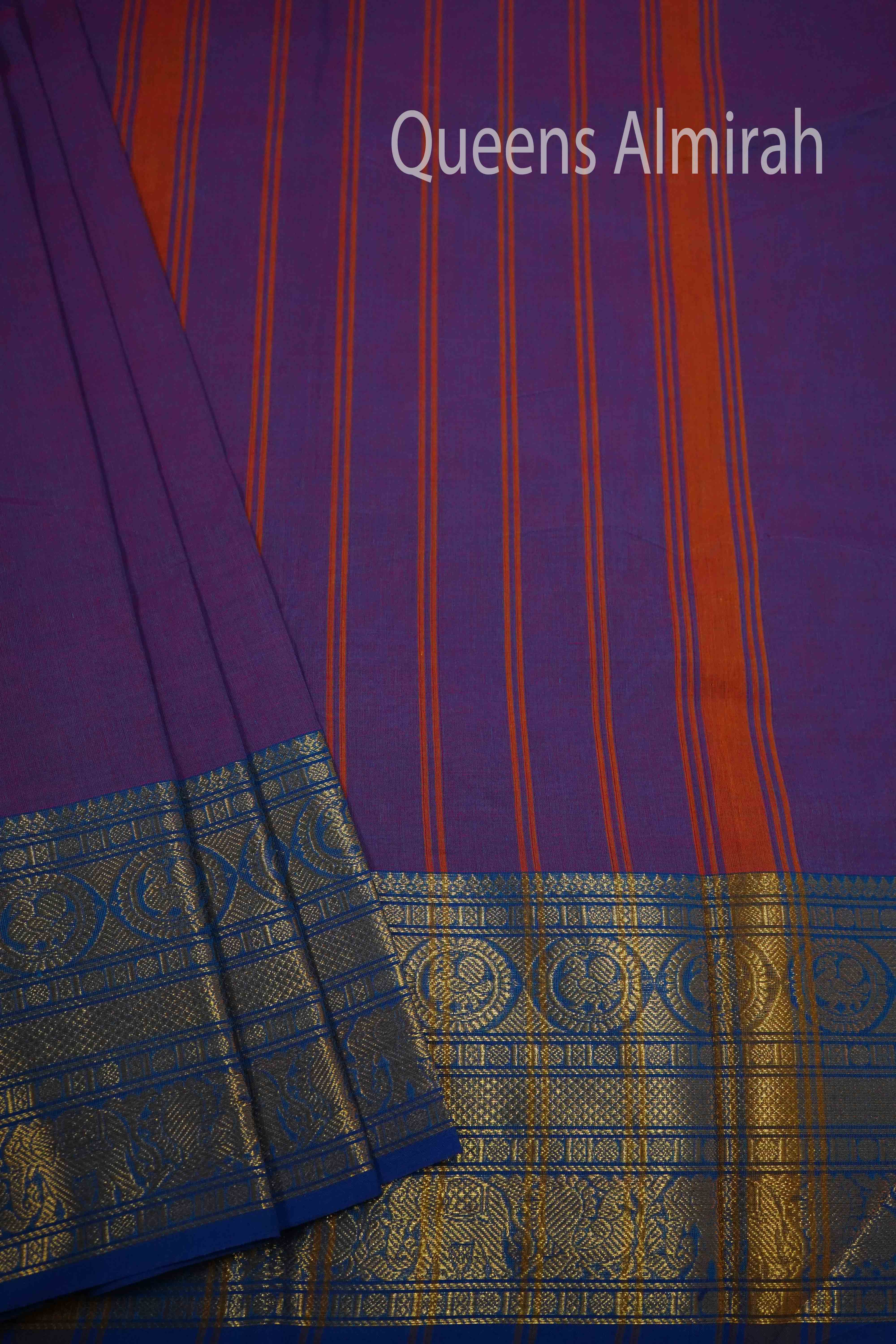 LAVENDER WITH DEEP BLUE KANCHI COTTON SAREE - Queens Jewel Emporium