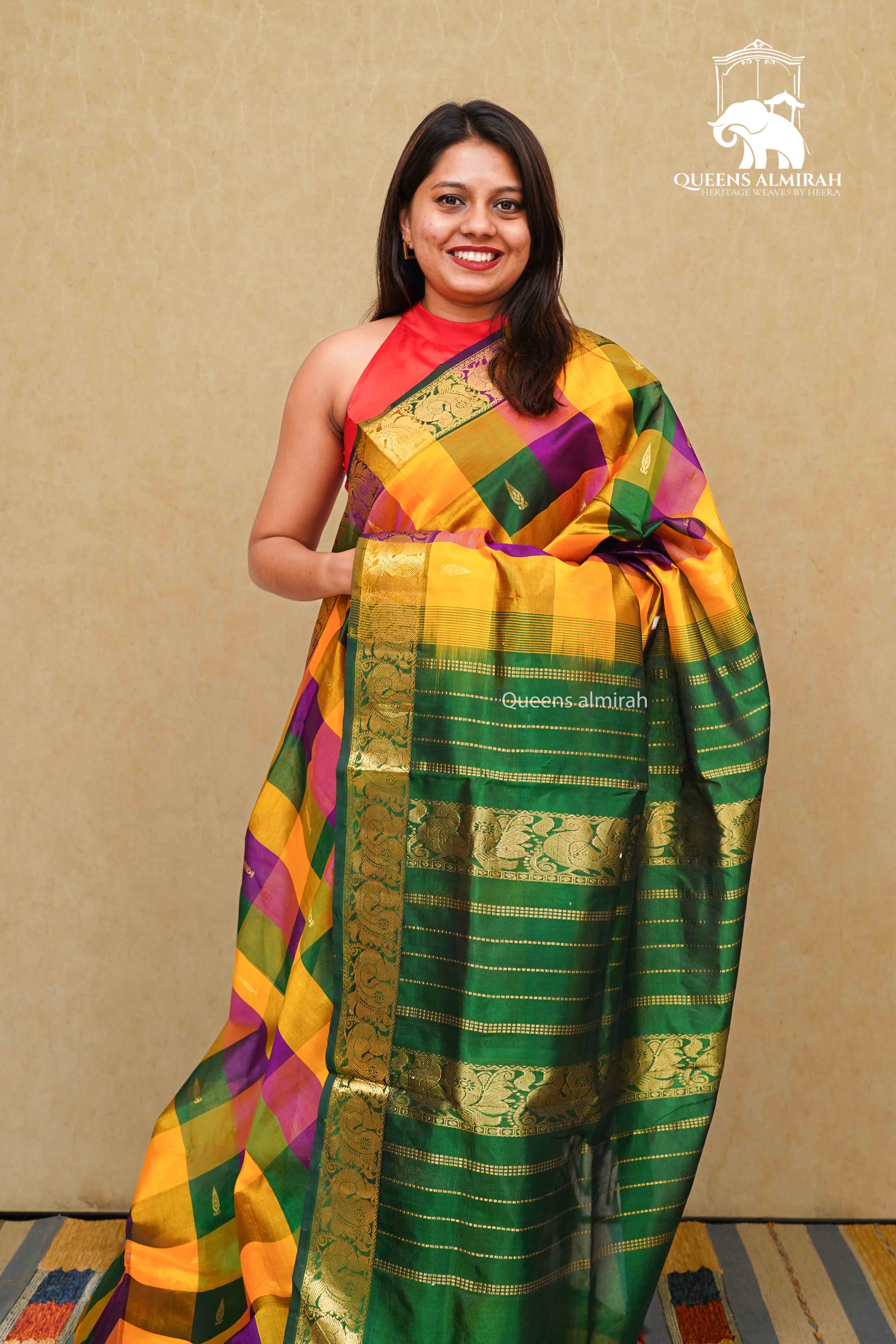 LEAF GREEN WITH MULTI COLOR PURE KANCHI SILK COTTON - Queens Jewel Emporium