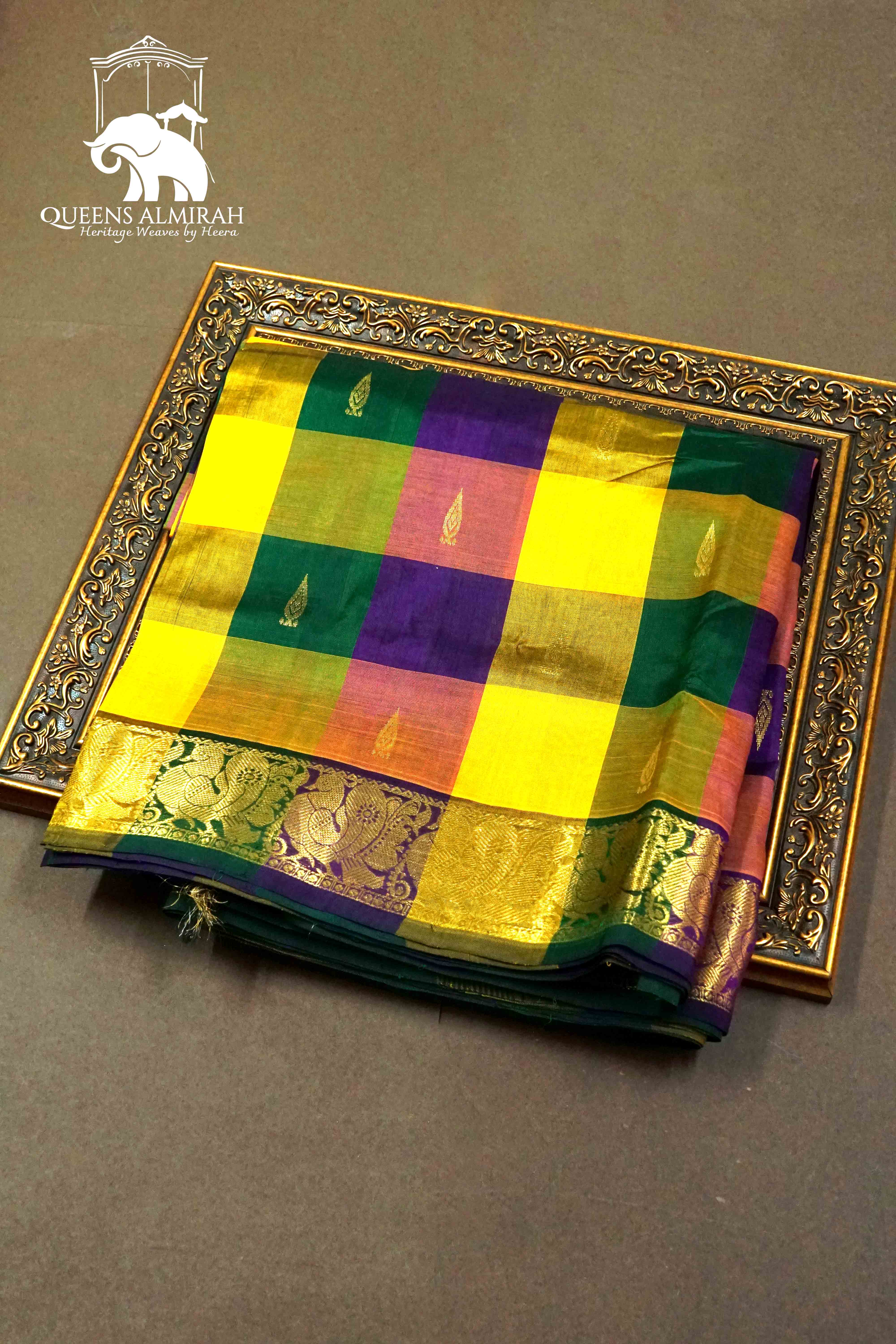 LEAF GREEN WITH MULTI COLOR PURE KANCHI SILK COTTON - Queens Jewel Emporium