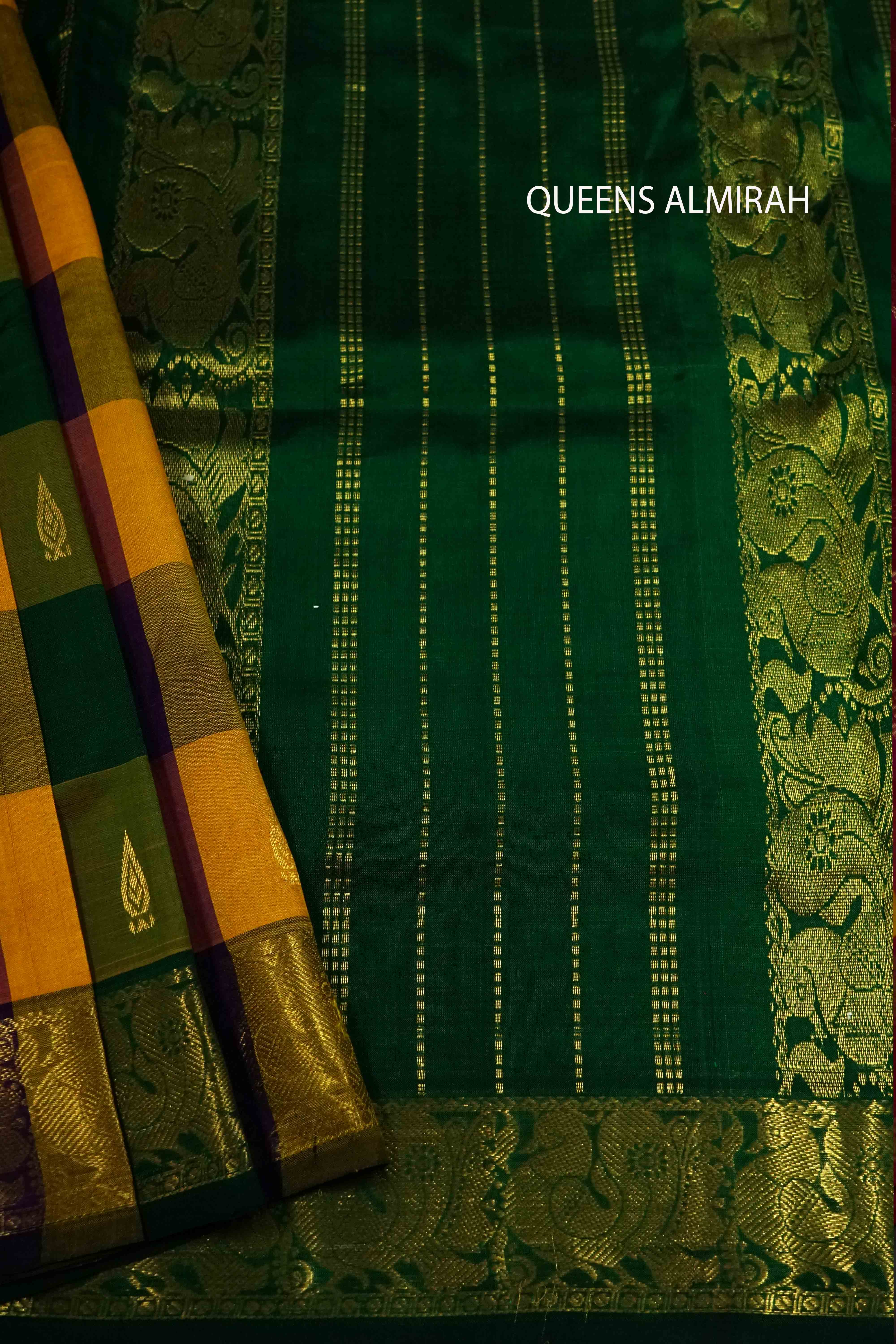 LEAF GREEN WITH MULTI COLOR PURE KANCHI SILK COTTON - Queens Jewel Emporium