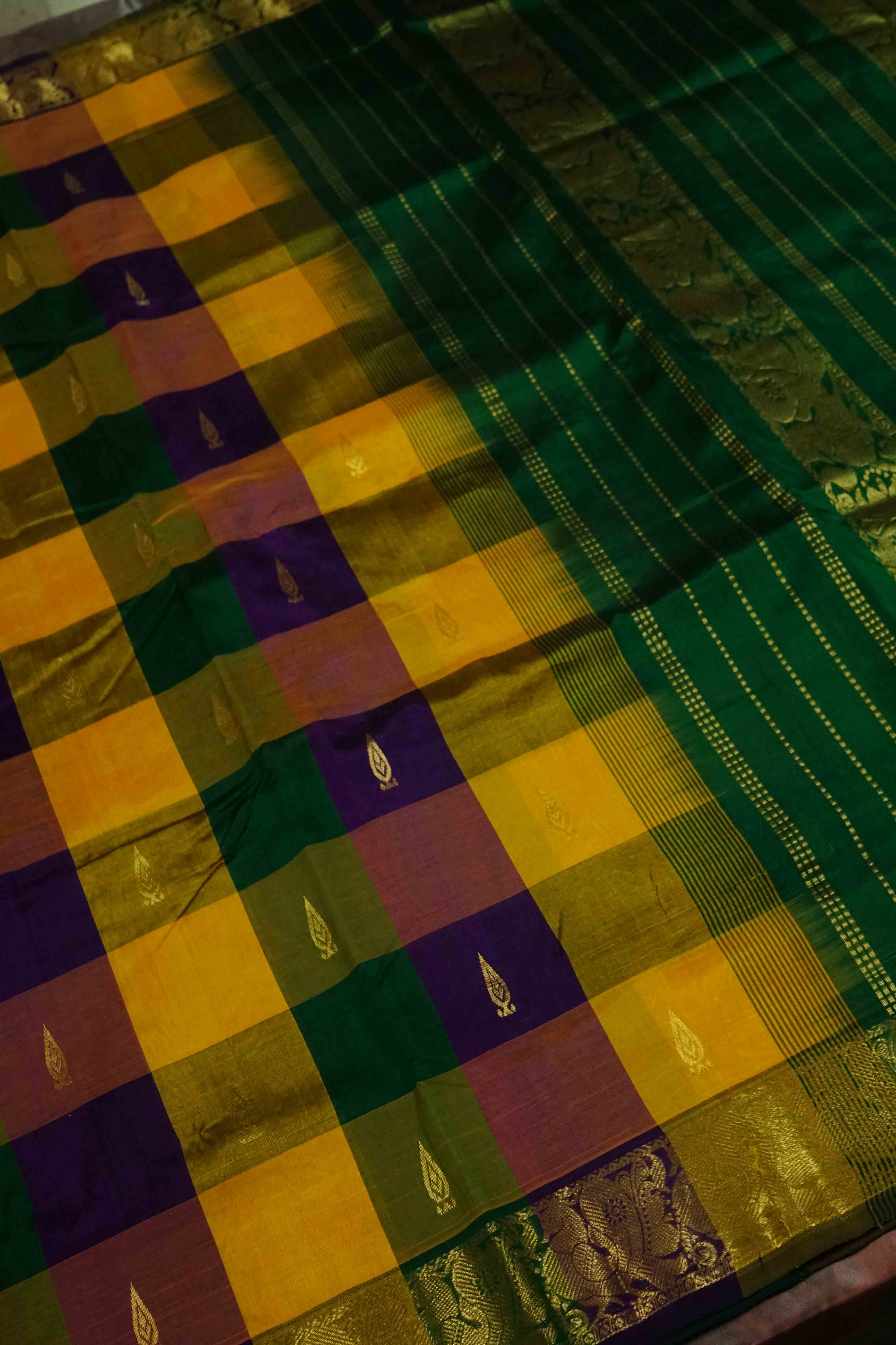 LEAF GREEN WITH MULTI COLOR PURE KANCHI SILK COTTON - Queens Jewel Emporium