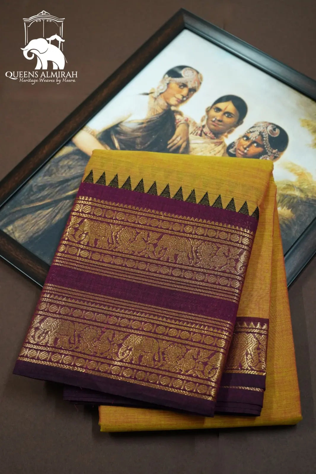 LEMON GINGER WITH CRATER BROWN KANCHI COTTON SAREE - Queens Jewel Emporium