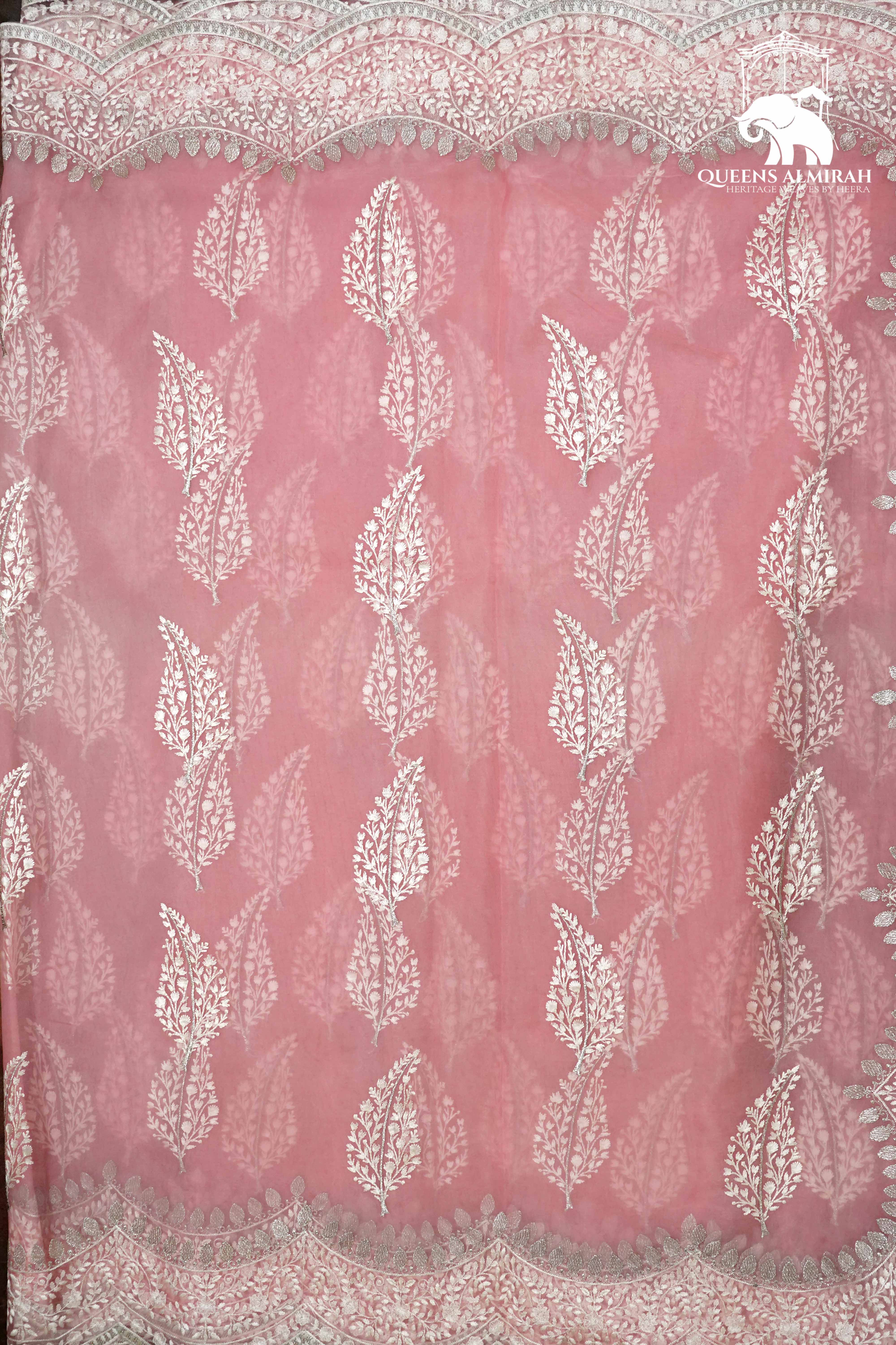 LIGHT HOT PINK WITH SCALLOP BORDER ORGANZA SAREE - Queens Jewel Emporium