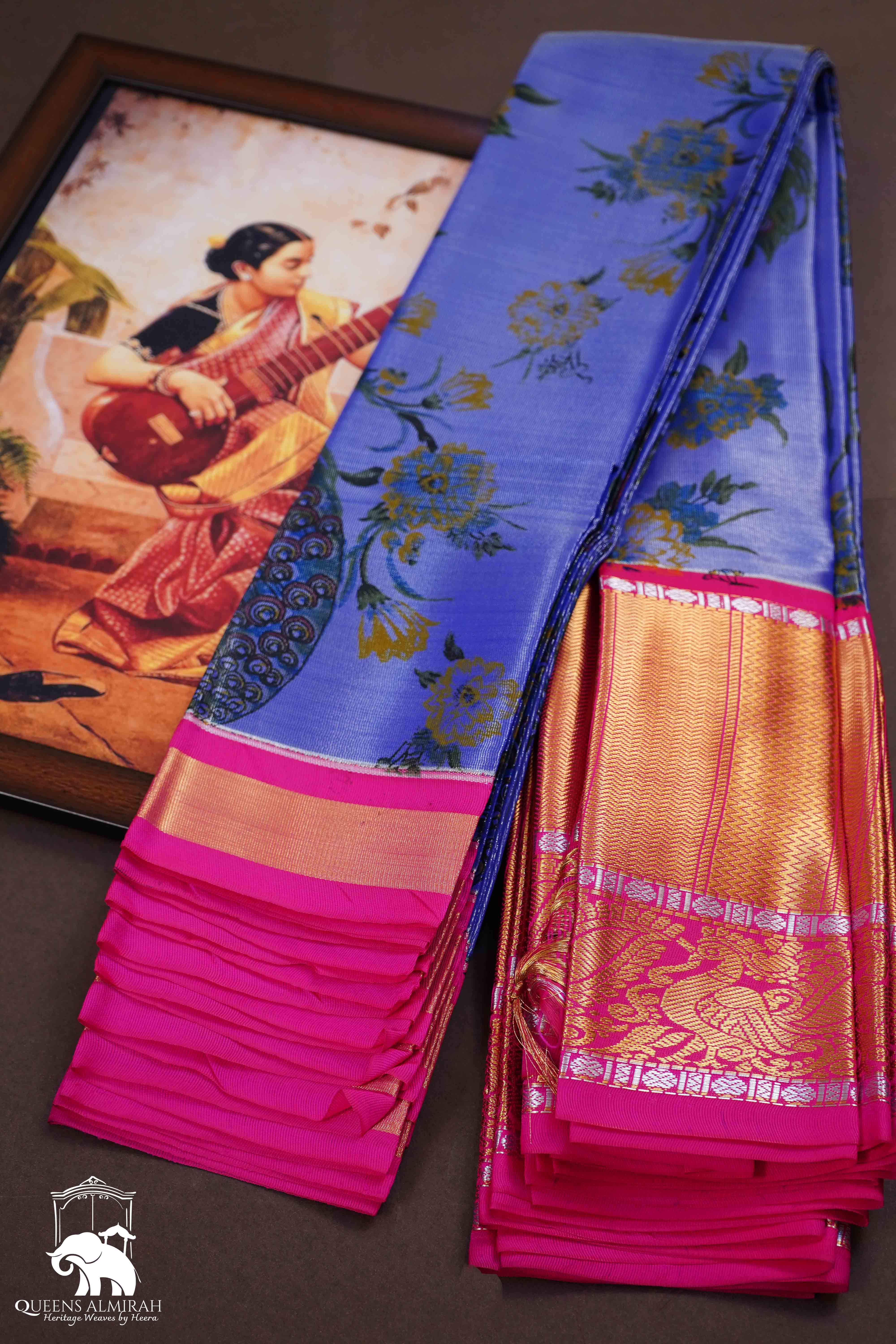 LIGHT INDIGO WITH DARK PINK MANGALGIRI TISSUE SAREE - Queens Jewel Emporium