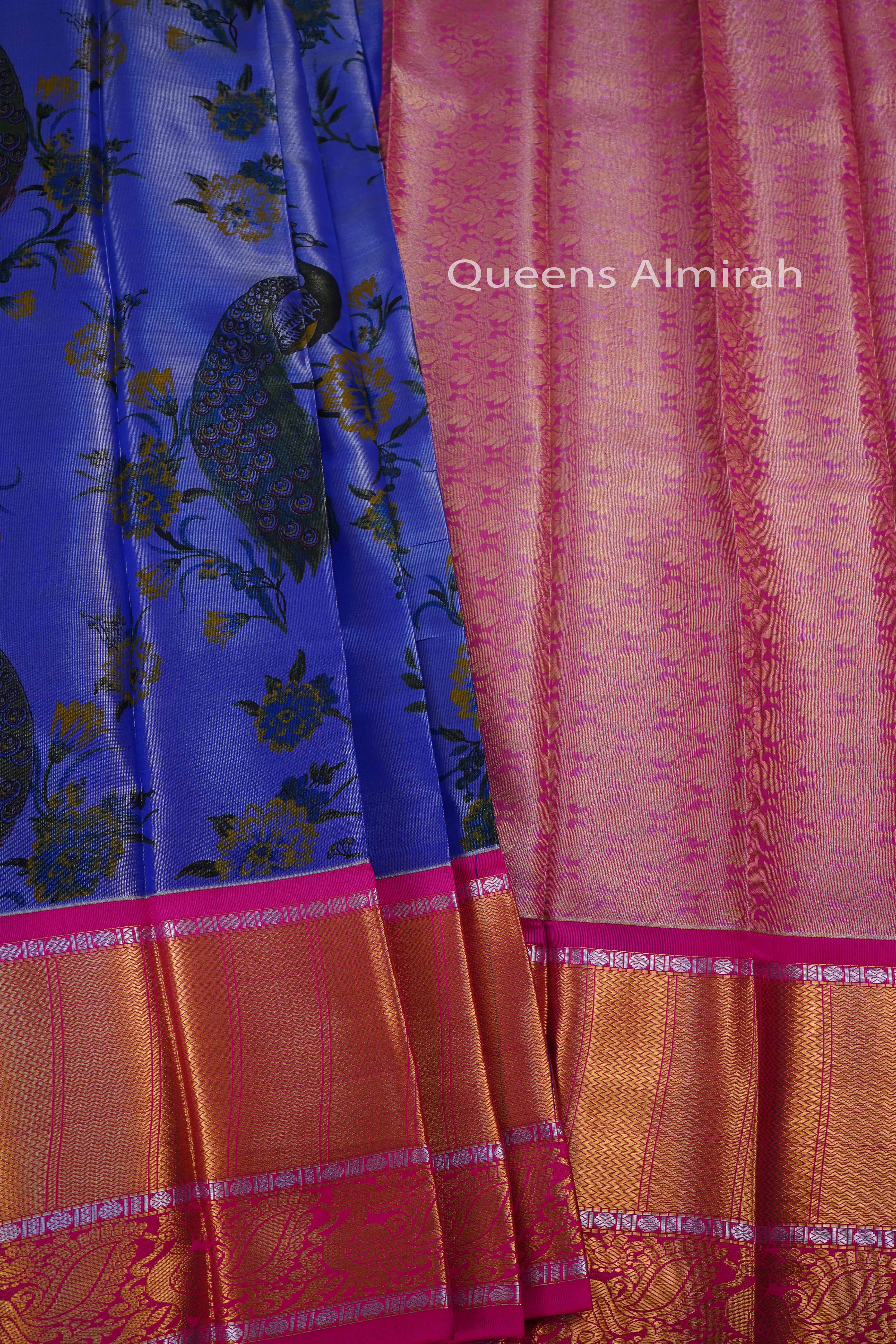 LIGHT INDIGO WITH DARK PINK MANGALGIRI TISSUE SAREE - Queens Jewel Emporium