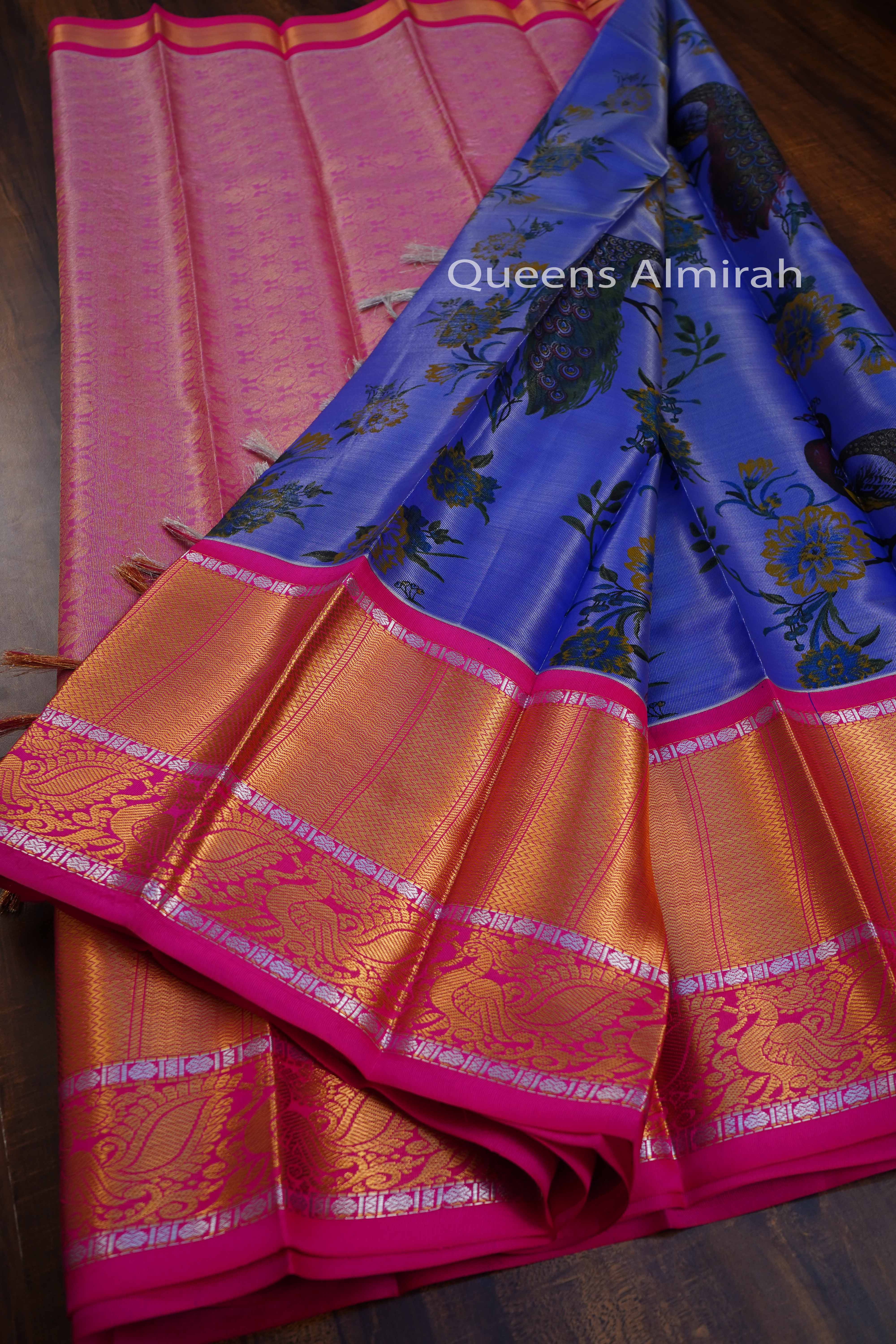 LIGHT INDIGO WITH DARK PINK MANGALGIRI TISSUE SAREE - Queens Jewel Emporium