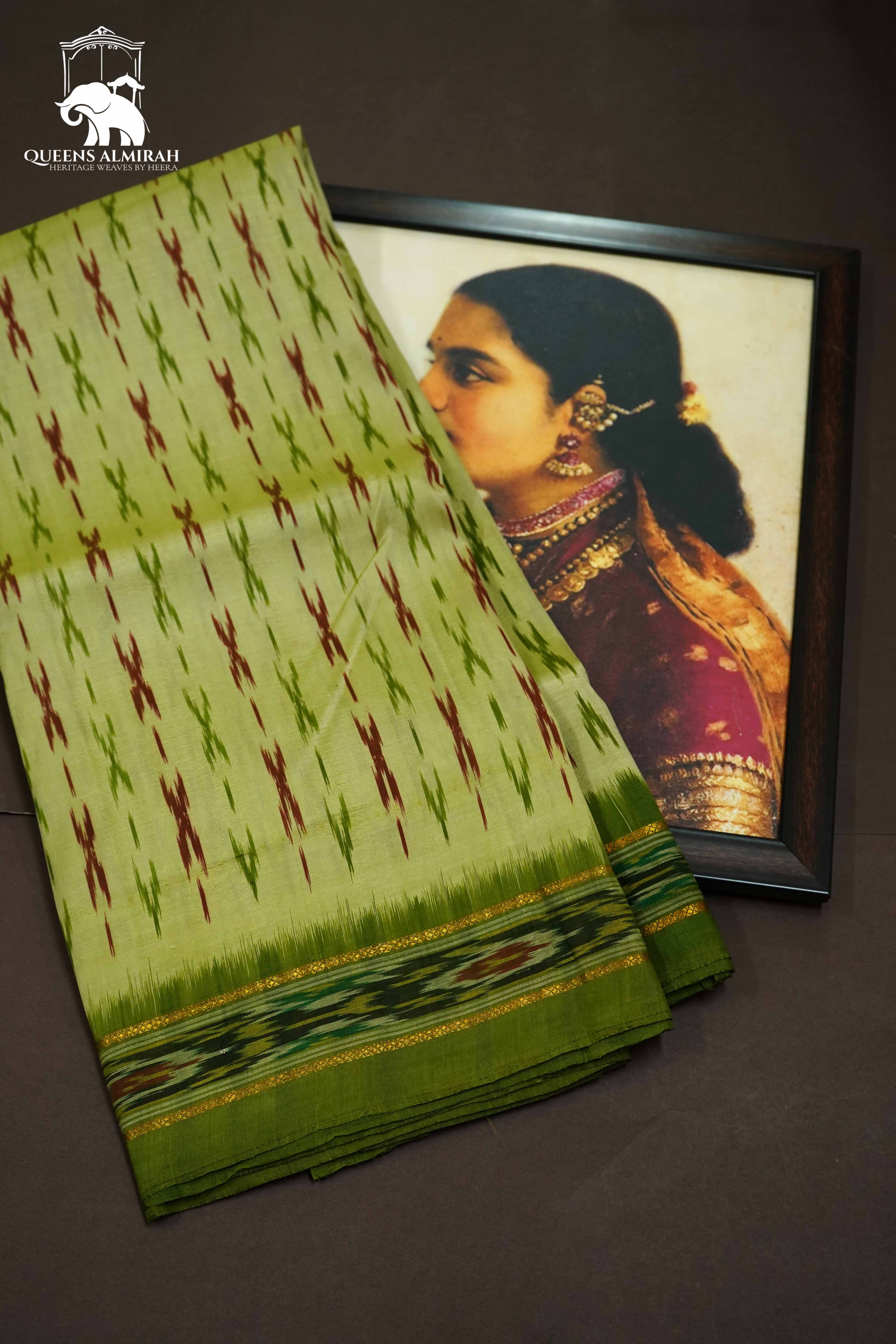 LIGHT OLIVE GREEN WITH PICKLE GREEN MULBERRY SILK SAREE - Queens Jewel Emporium
