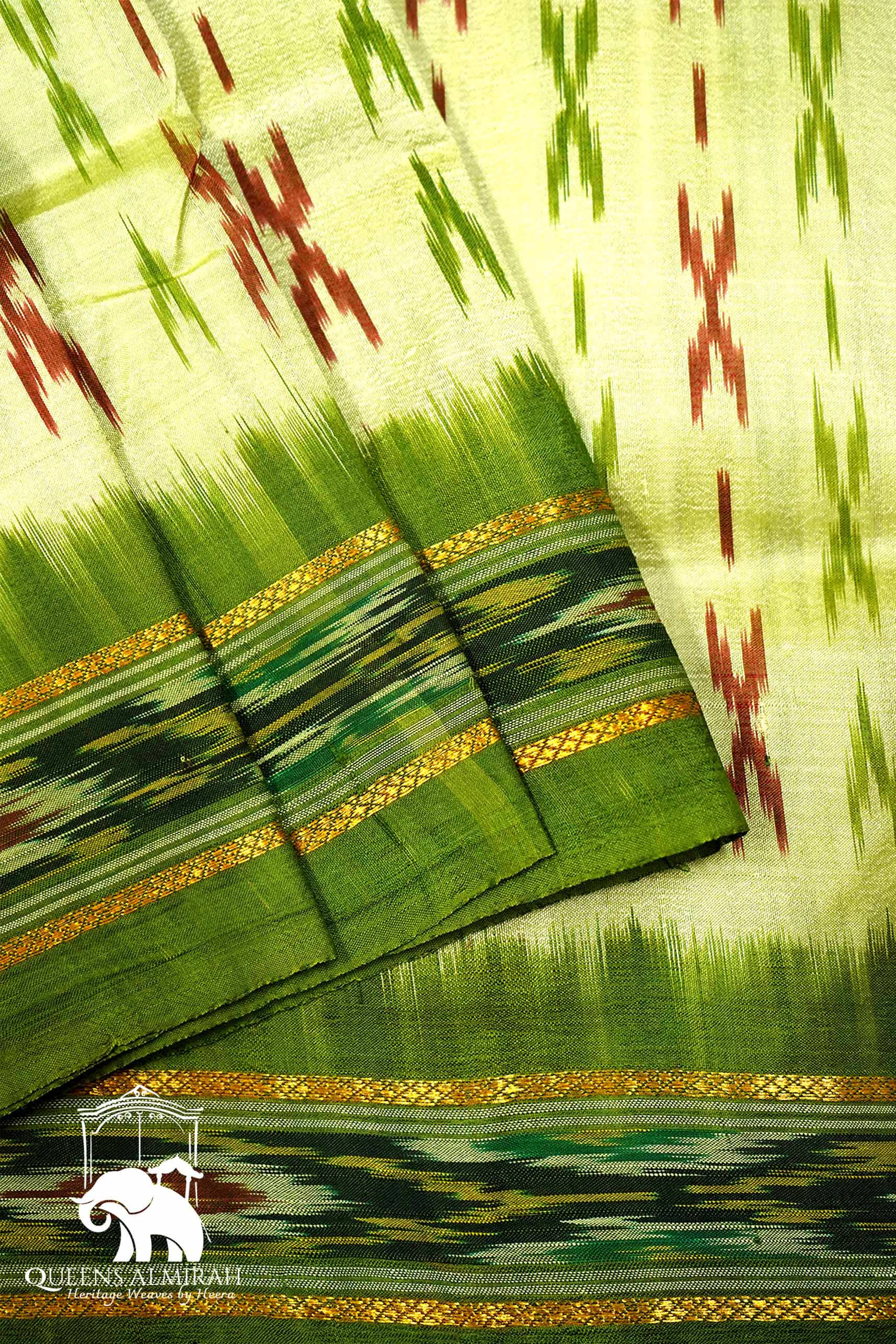 LIGHT OLIVE GREEN WITH PICKLE GREEN MULBERRY SILK SAREE - Queens Jewel Emporium