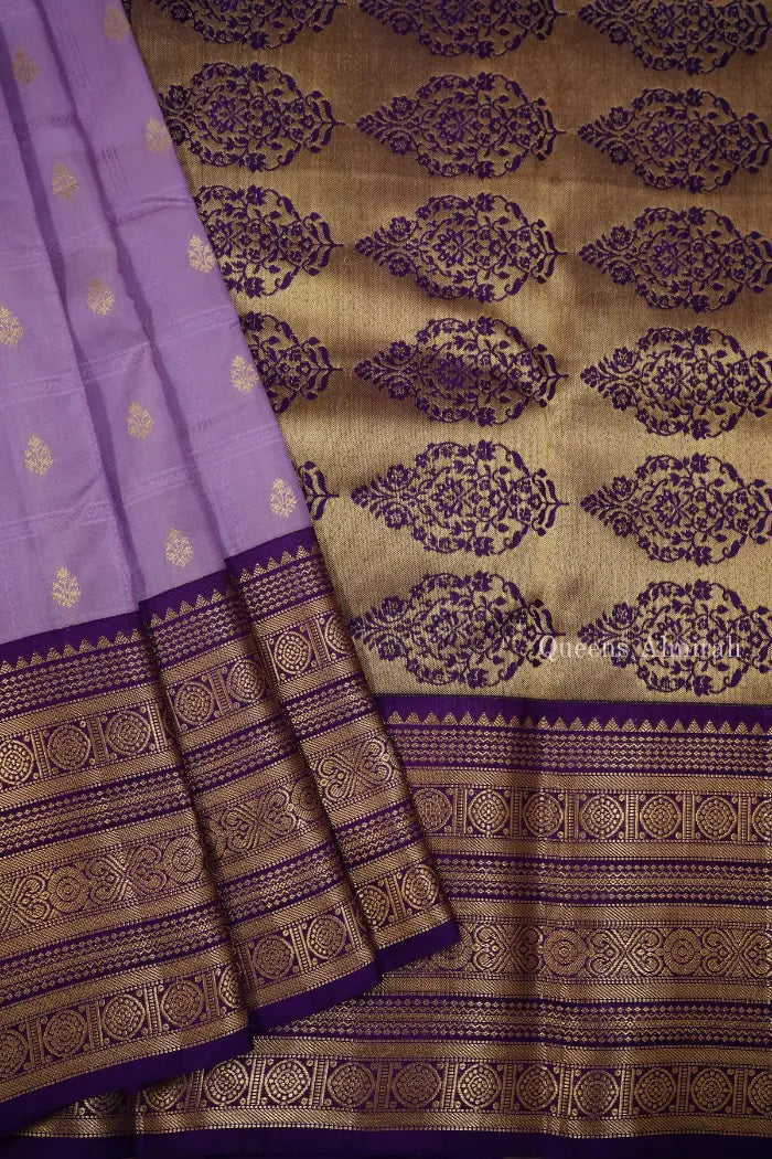 LIGHT PASTEL PURPLE WITH HONEY FLOWER PURE KANCHIVARAM SILK  SAREE - Queens Jewel Emporium
