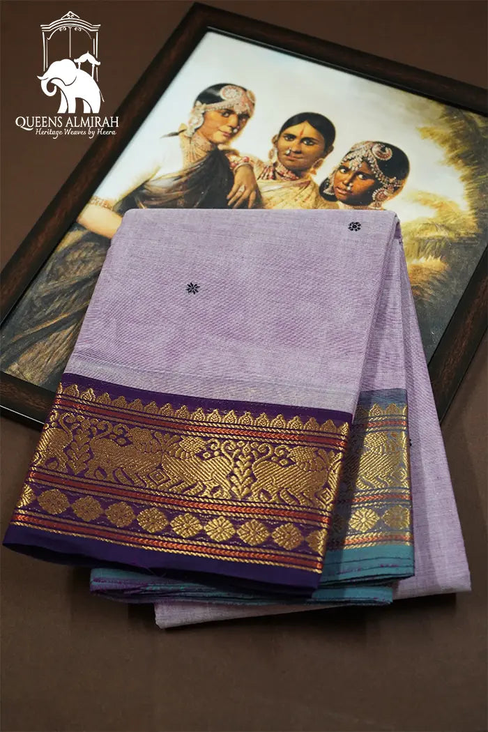 LIGHT PURPLE WITH DULL BLUE KANCHI COTTON SAREE - Queens Jewel Emporium