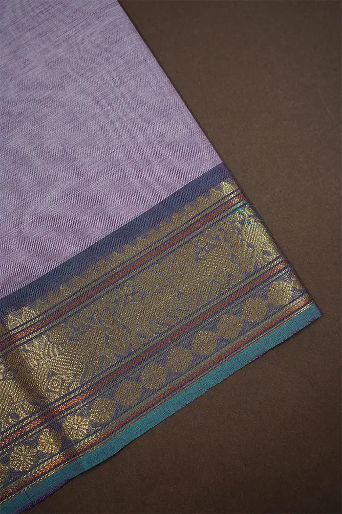 LIGHT PURPLE WITH DULL BLUE KANCHI COTTON SAREE - Queens Jewel Emporium