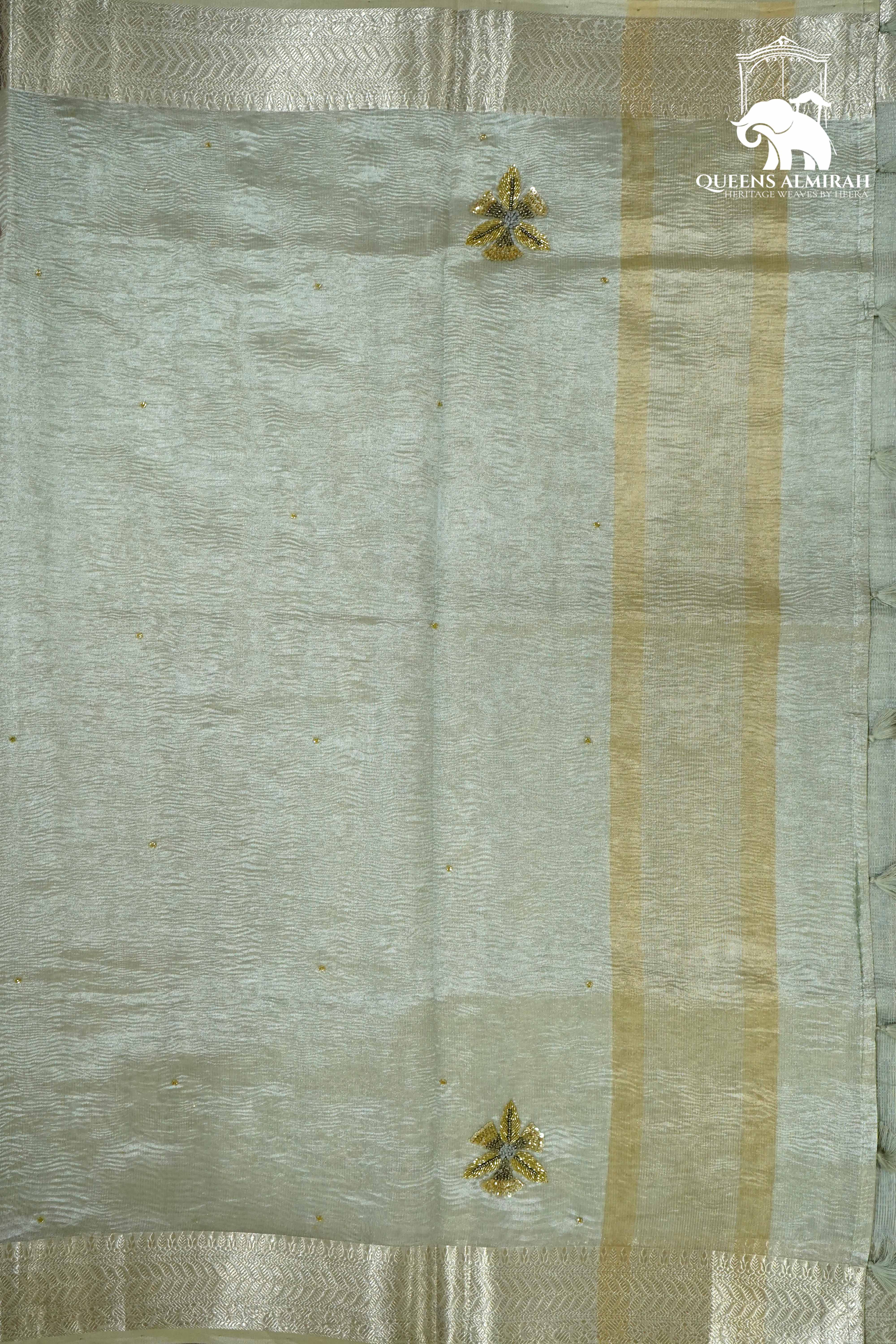LIGHT SILVER WITH WOVEN BORDER TISSUE SAREE - Queens Jewel Emporium