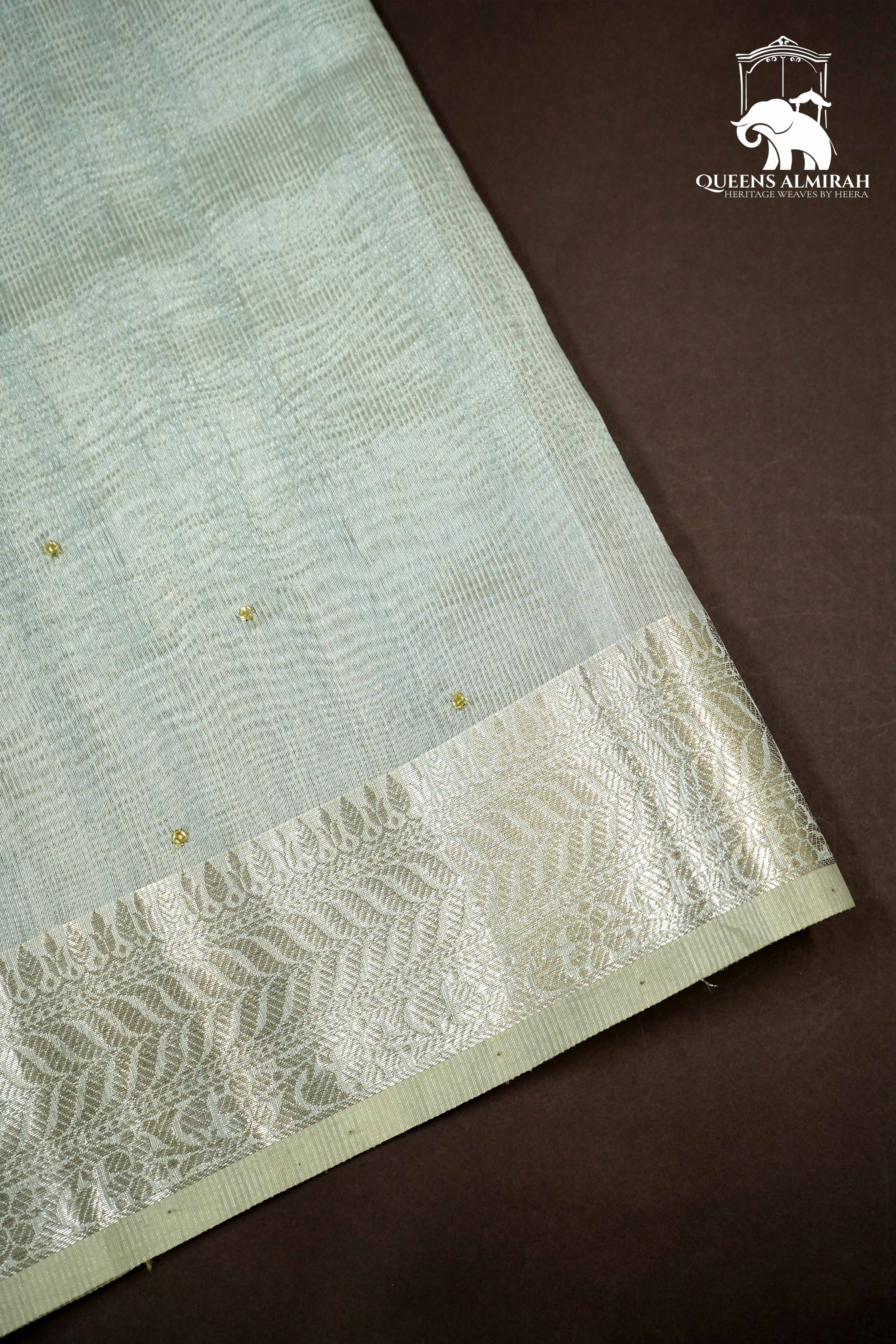 LIGHT SILVER WITH WOVEN BORDER TISSUE SAREE - Queens Jewel Emporium