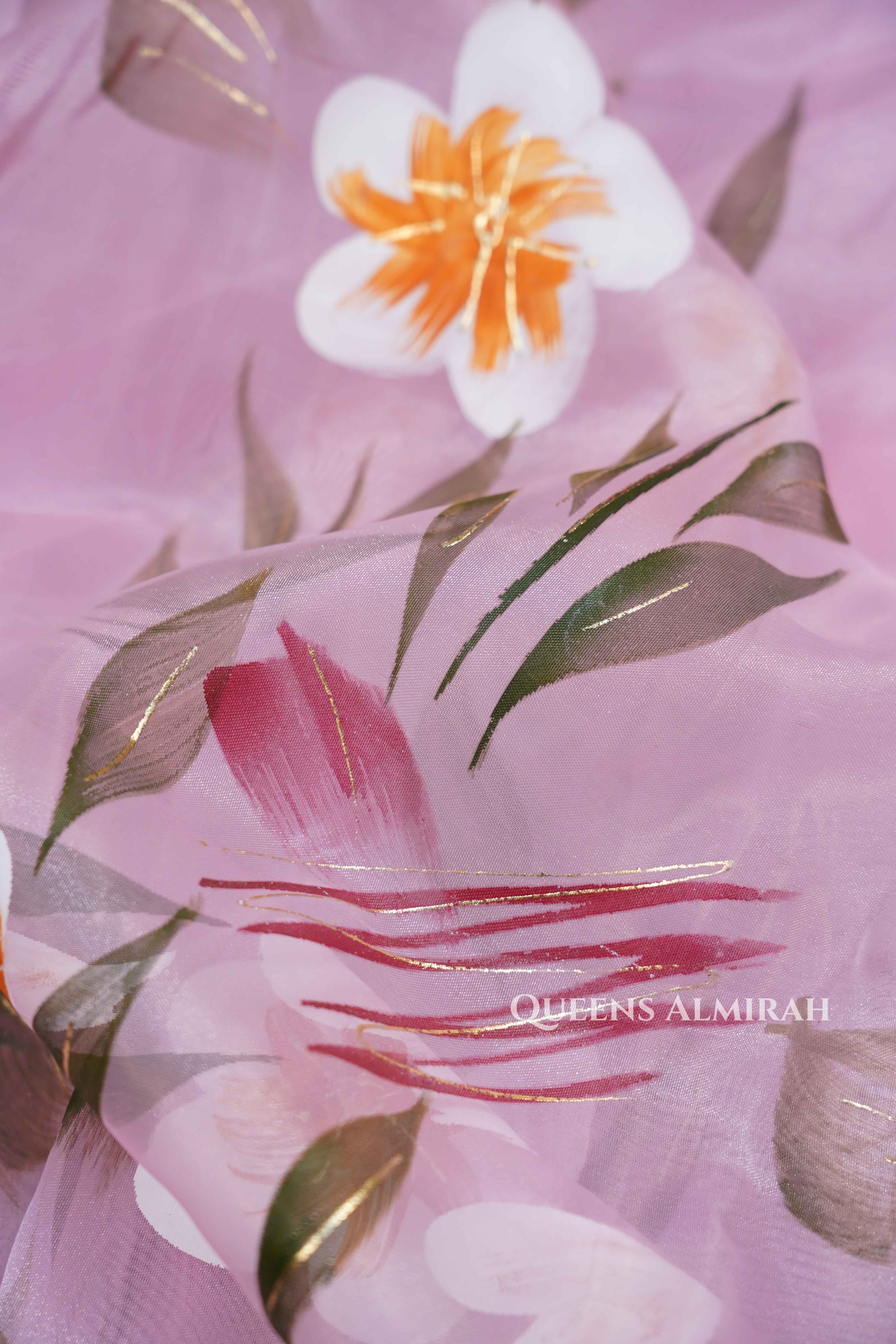 LILAC PINK HAND PAINTED ORGANZA SAREE - Queens Jewel Emporium