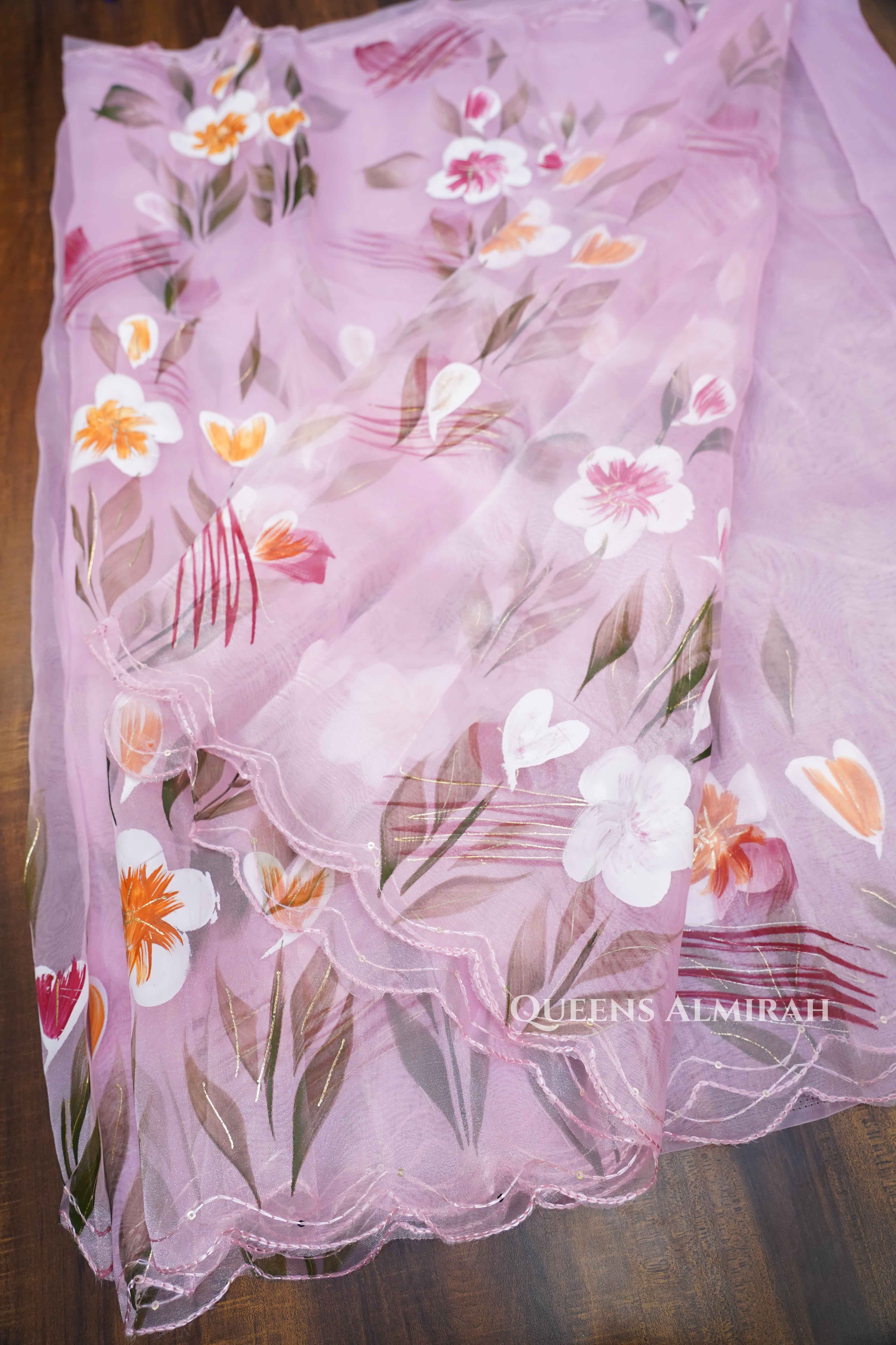 LILAC PINK HAND PAINTED ORGANZA SAREE - Queens Jewel Emporium