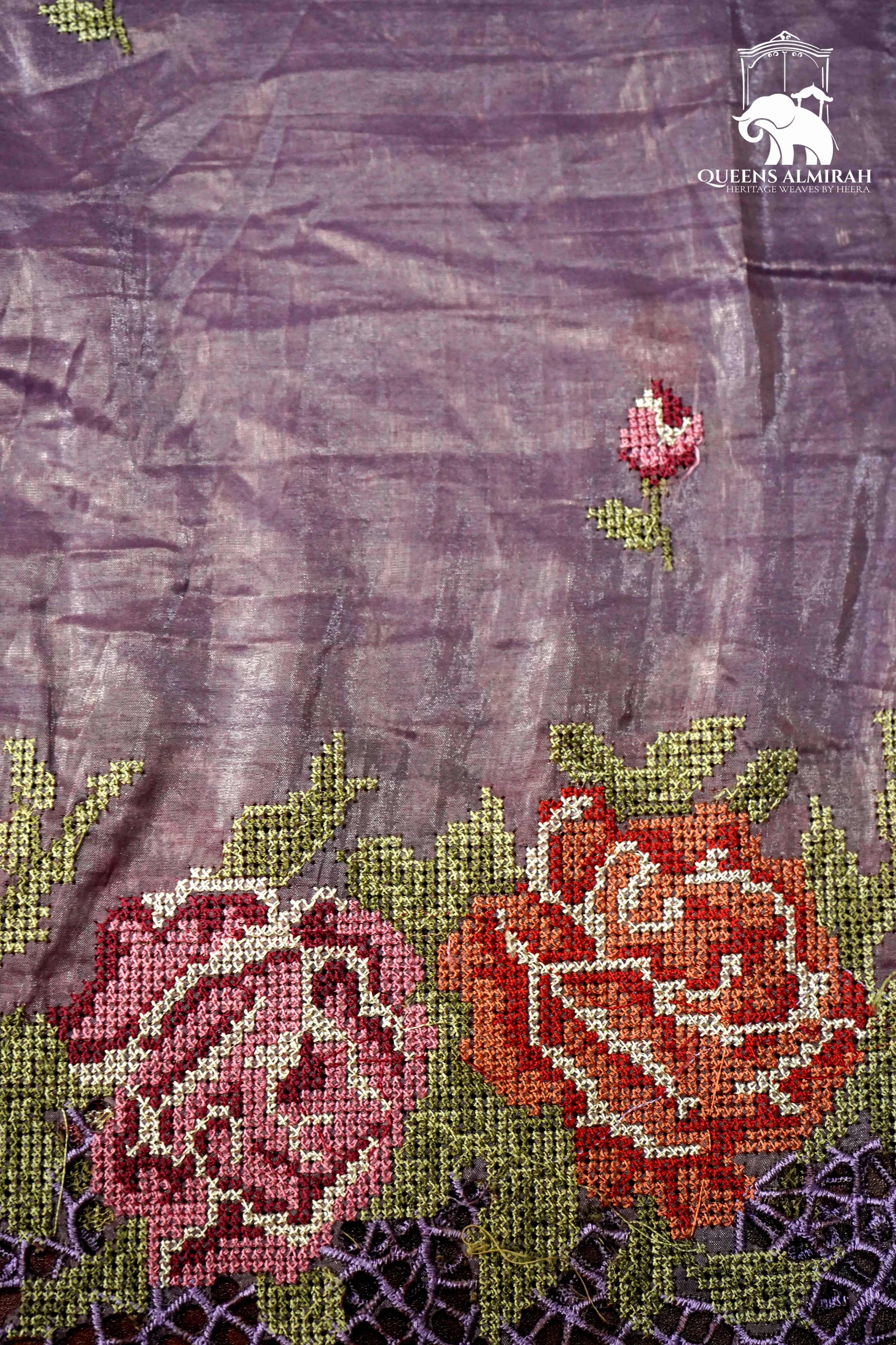 LILAC PURPLE WITH EMBROIDERY BORDER TISSUE SAREE - Queens Jewel Emporium