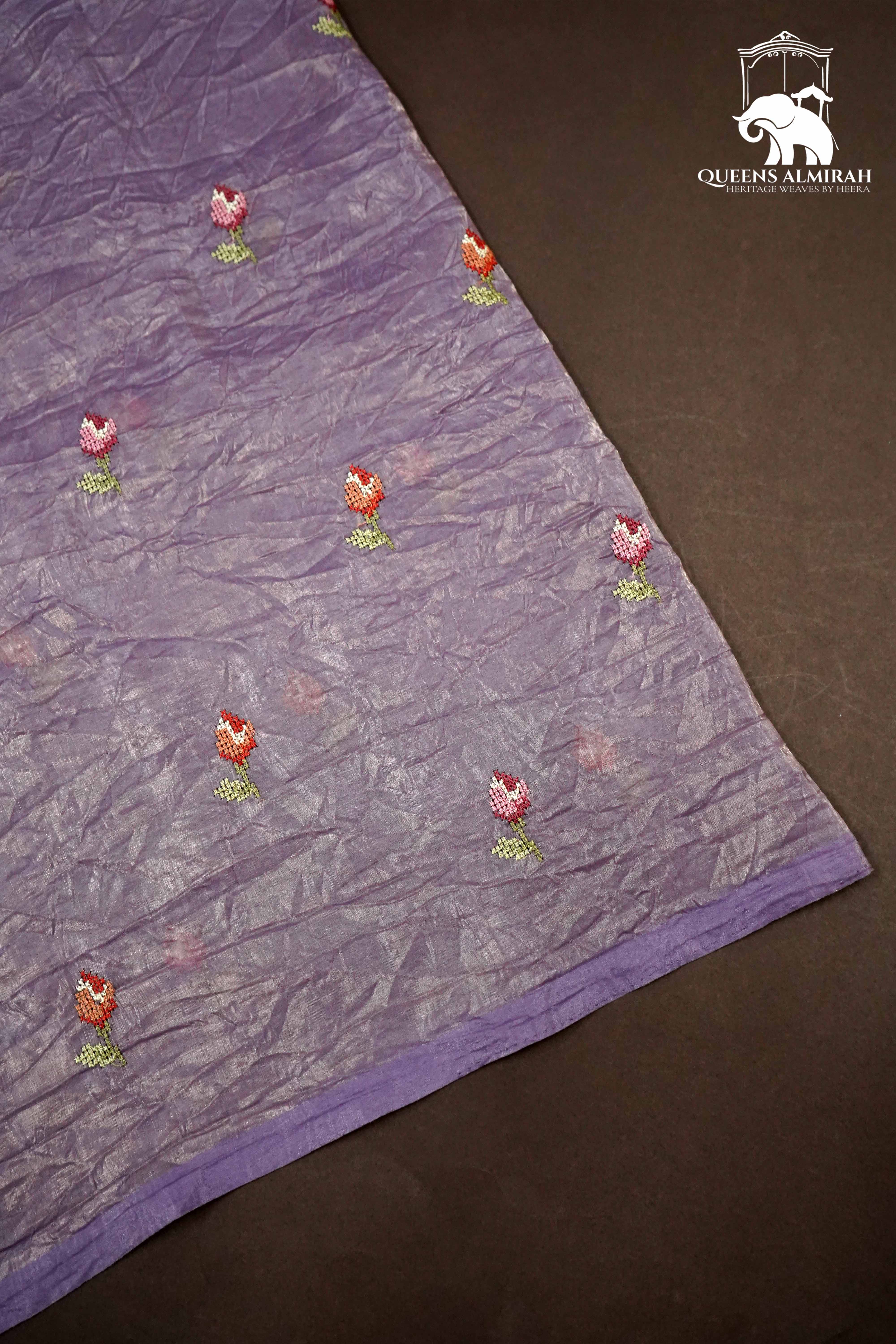 LILAC PURPLE WITH EMBROIDERY BORDER TISSUE SAREE - Queens Jewel Emporium