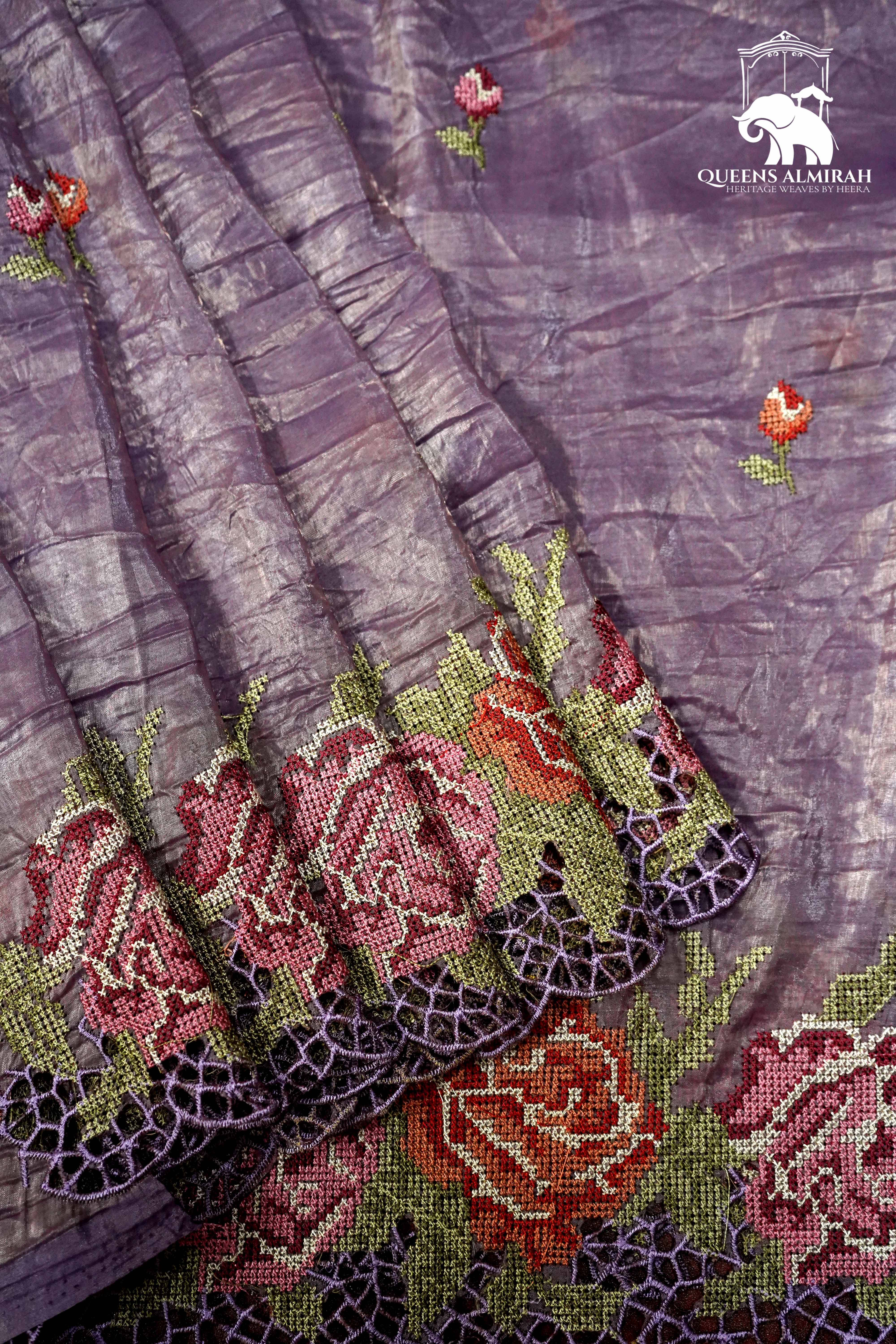 LILAC PURPLE WITH EMBROIDERY BORDER TISSUE SAREE - Queens Jewel Emporium