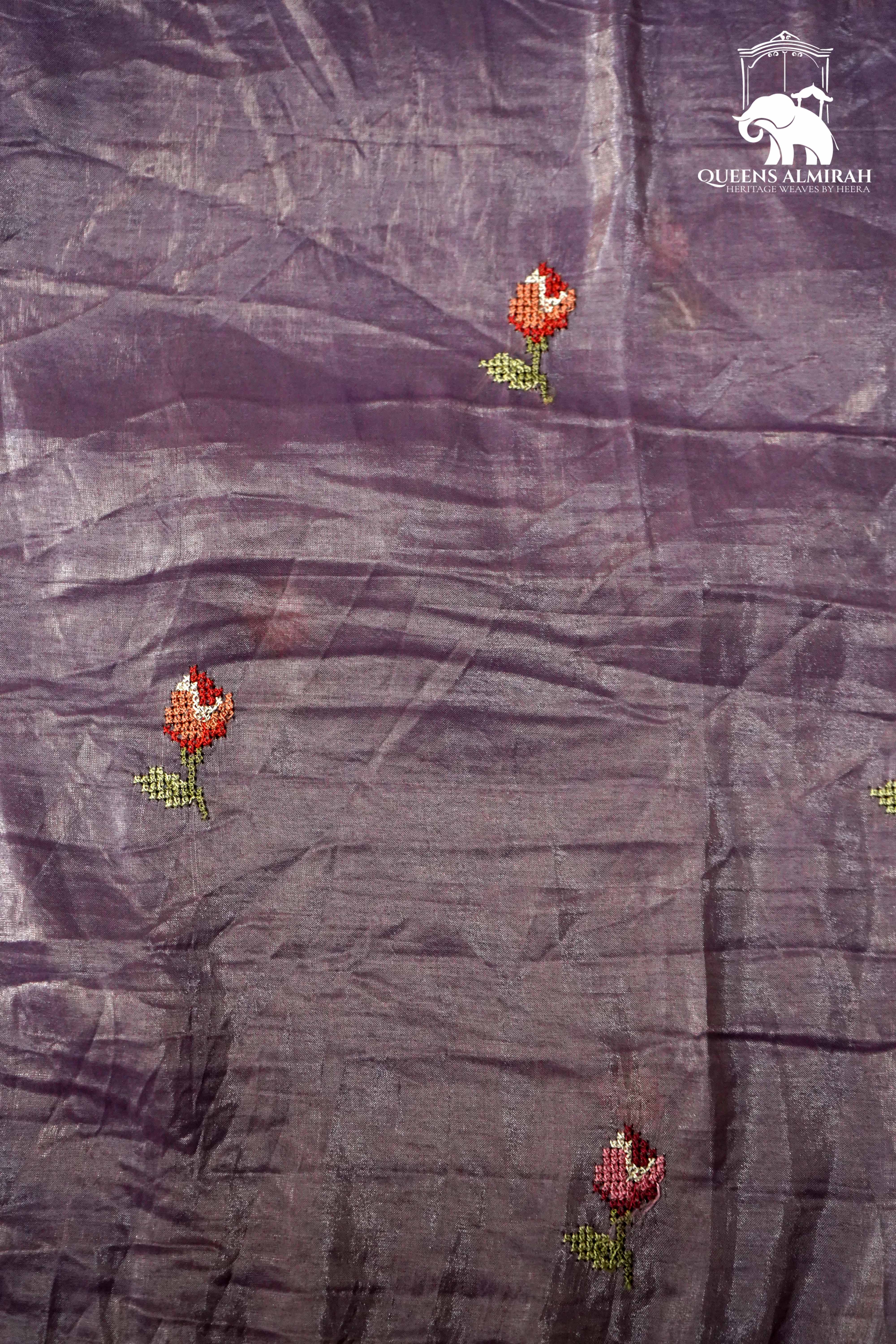 LILAC PURPLE WITH EMBROIDERY BORDER TISSUE SAREE - Queens Jewel Emporium