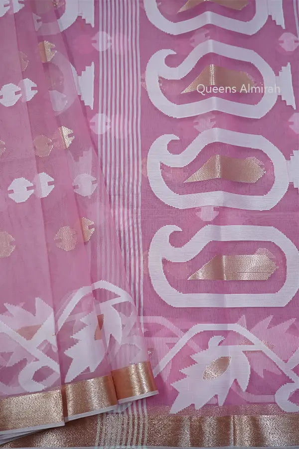 LILLY PINK PURE MUSLIN ORGANZA JAMDANI SAREE - Queens Jewel Emporium