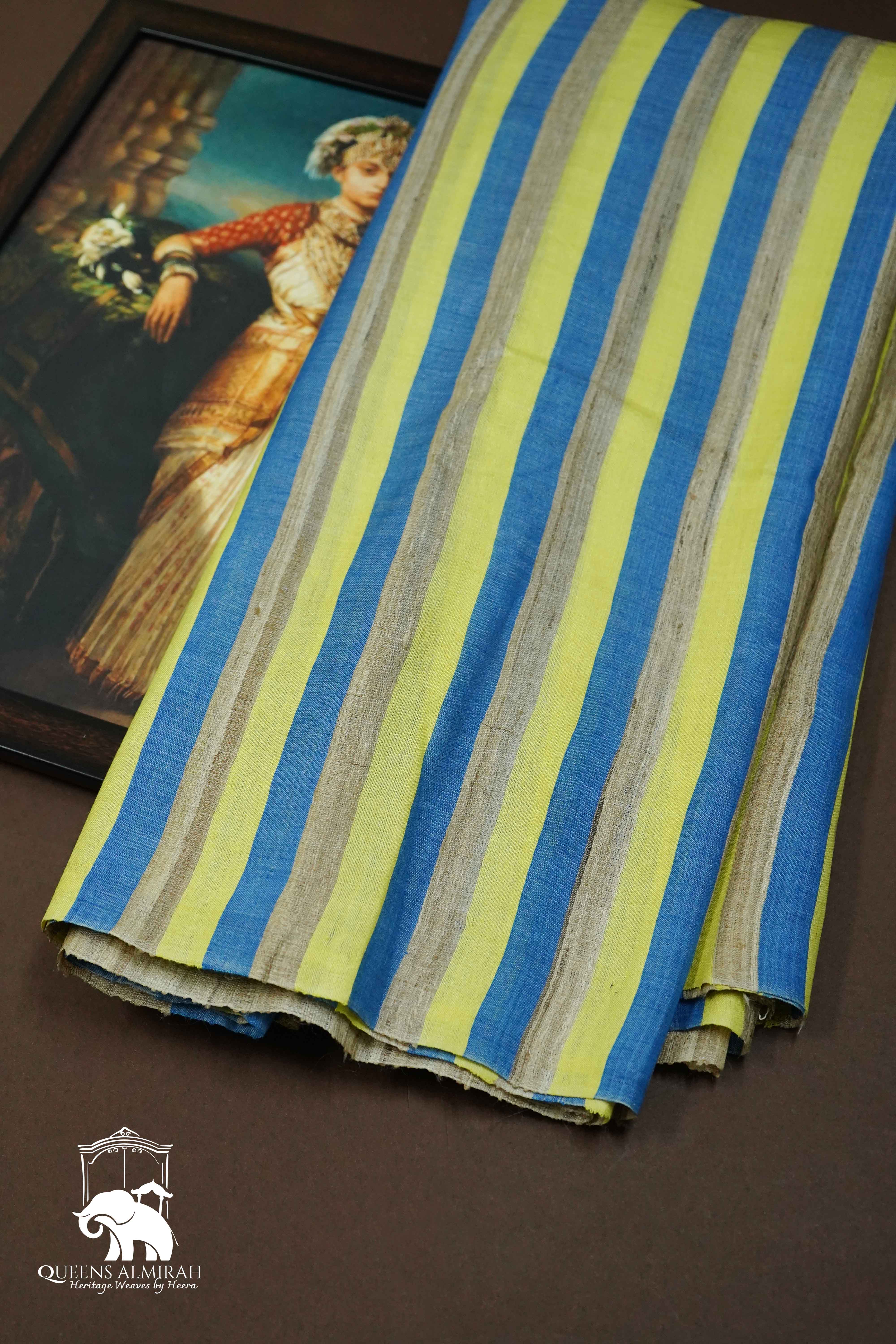 LIME YELLOW WITH MUTED BLUE GICHA TUSSAR SILK SAREE - Queens Jewel Emporium