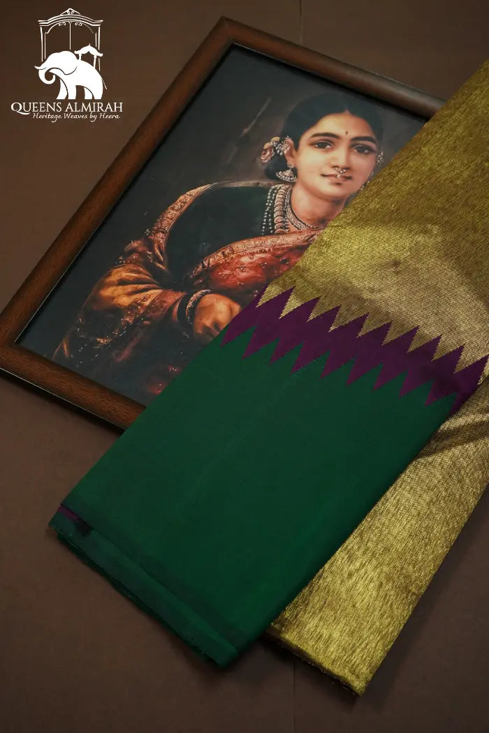 LUXOR GOLD  WITH DARK GREEN PURE KANCHIVARAM SILK SAREE - Queens Jewel Emporium