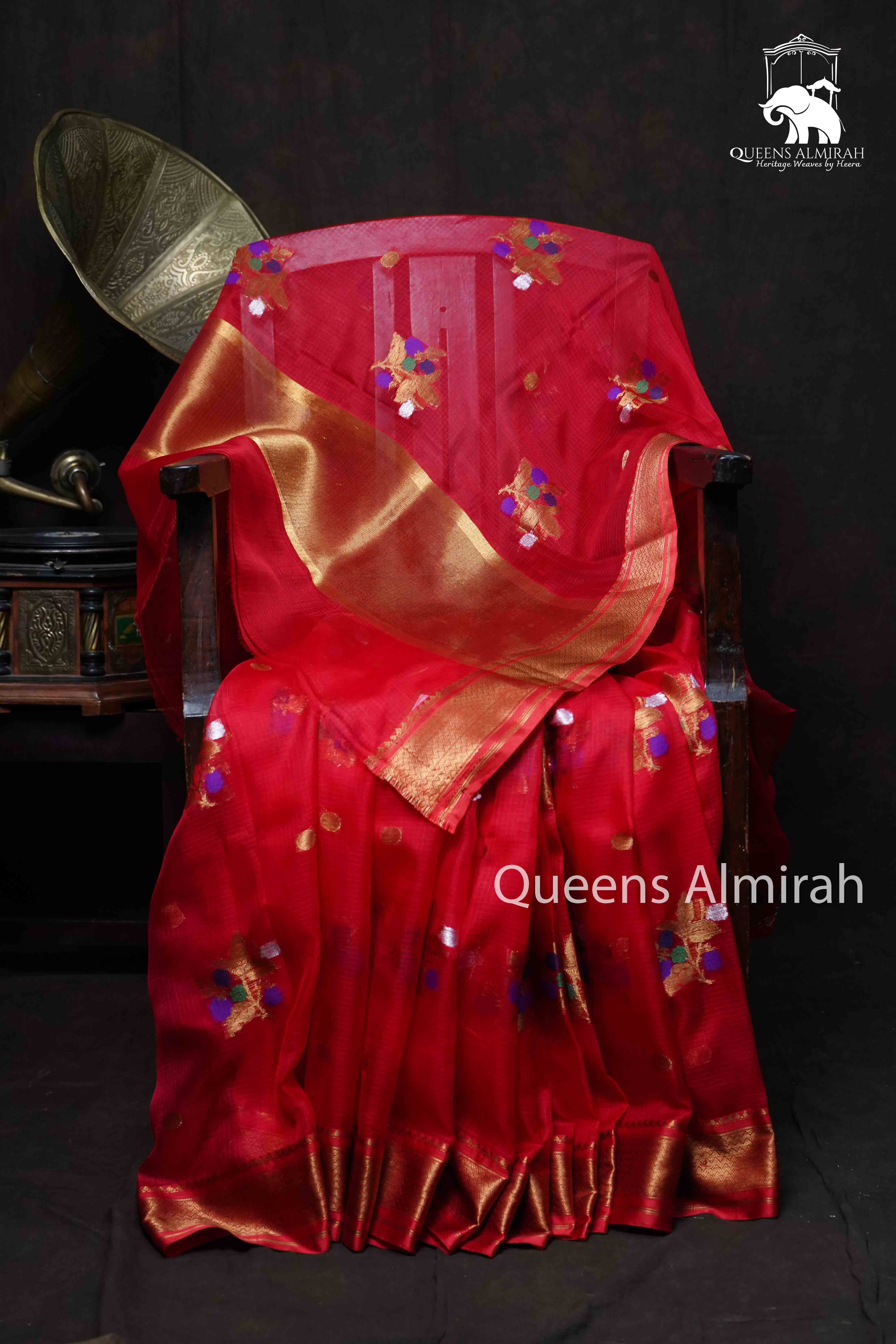 Lava Red Pure Kota Silk Saree - Queens Jewel Emporium