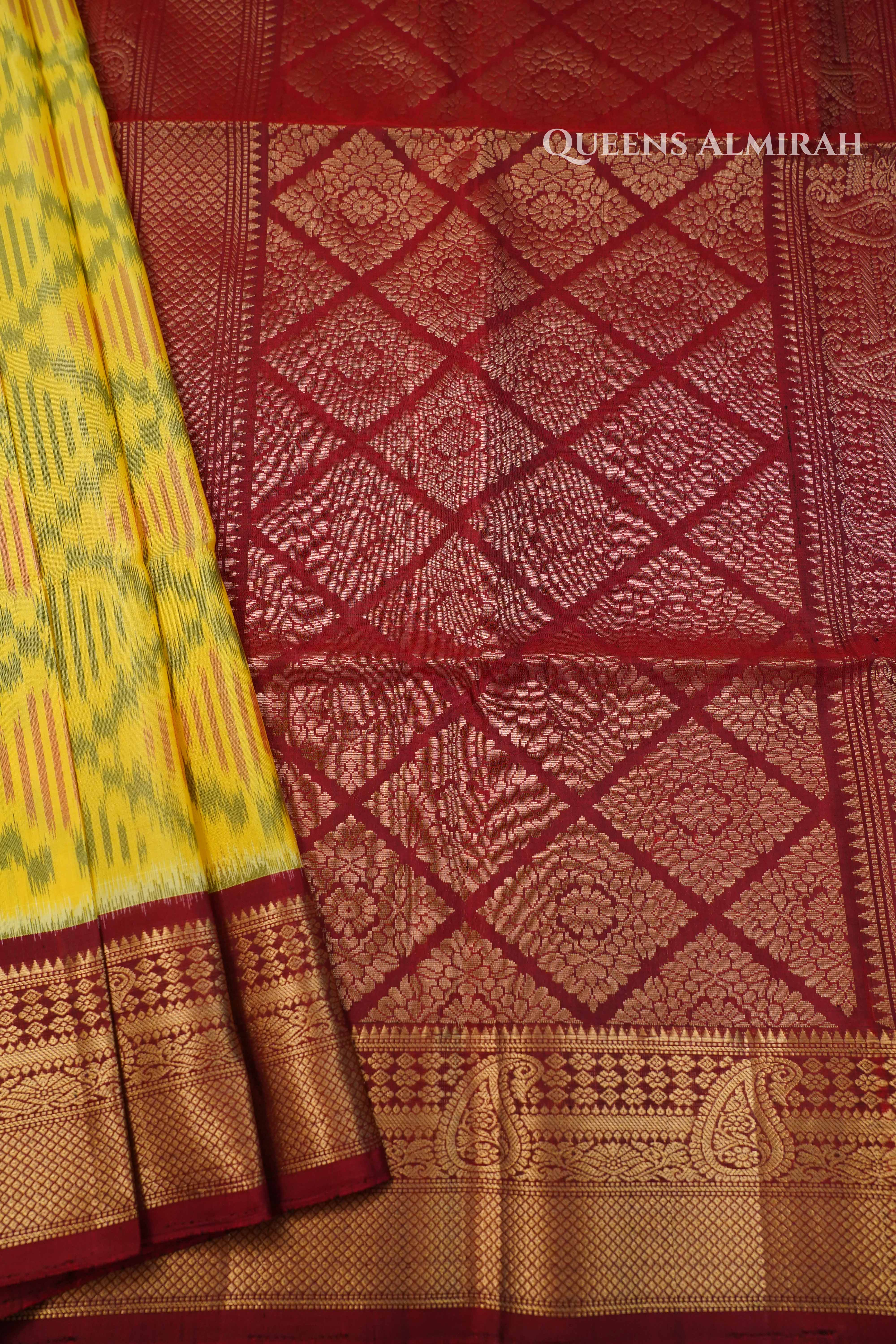Lemon Yellow With Maroon Pure Soft Silk Saree QUEENS ALMIRAH