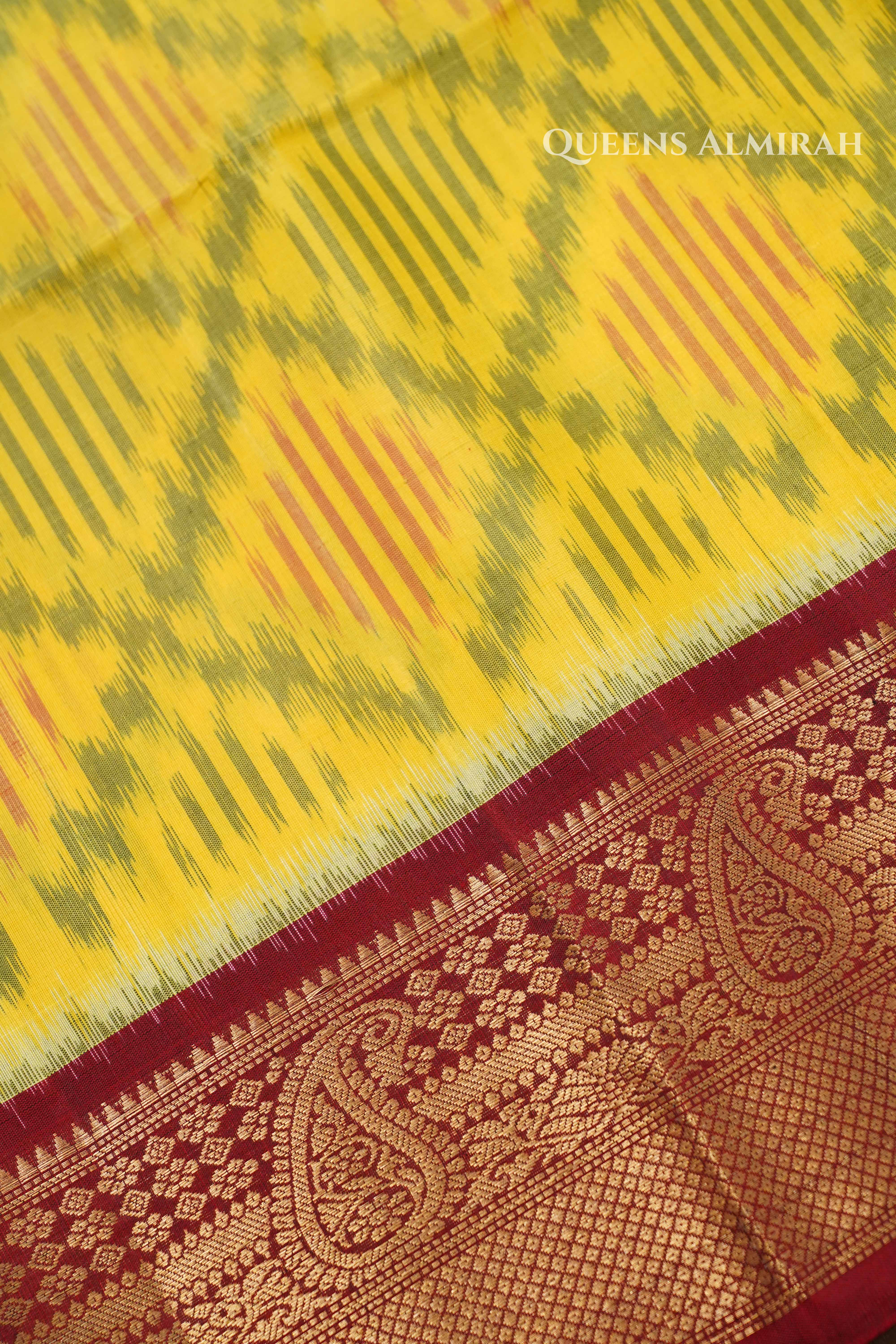 Lemon Yellow With Maroon Pure Soft Silk Saree QUEENS ALMIRAH