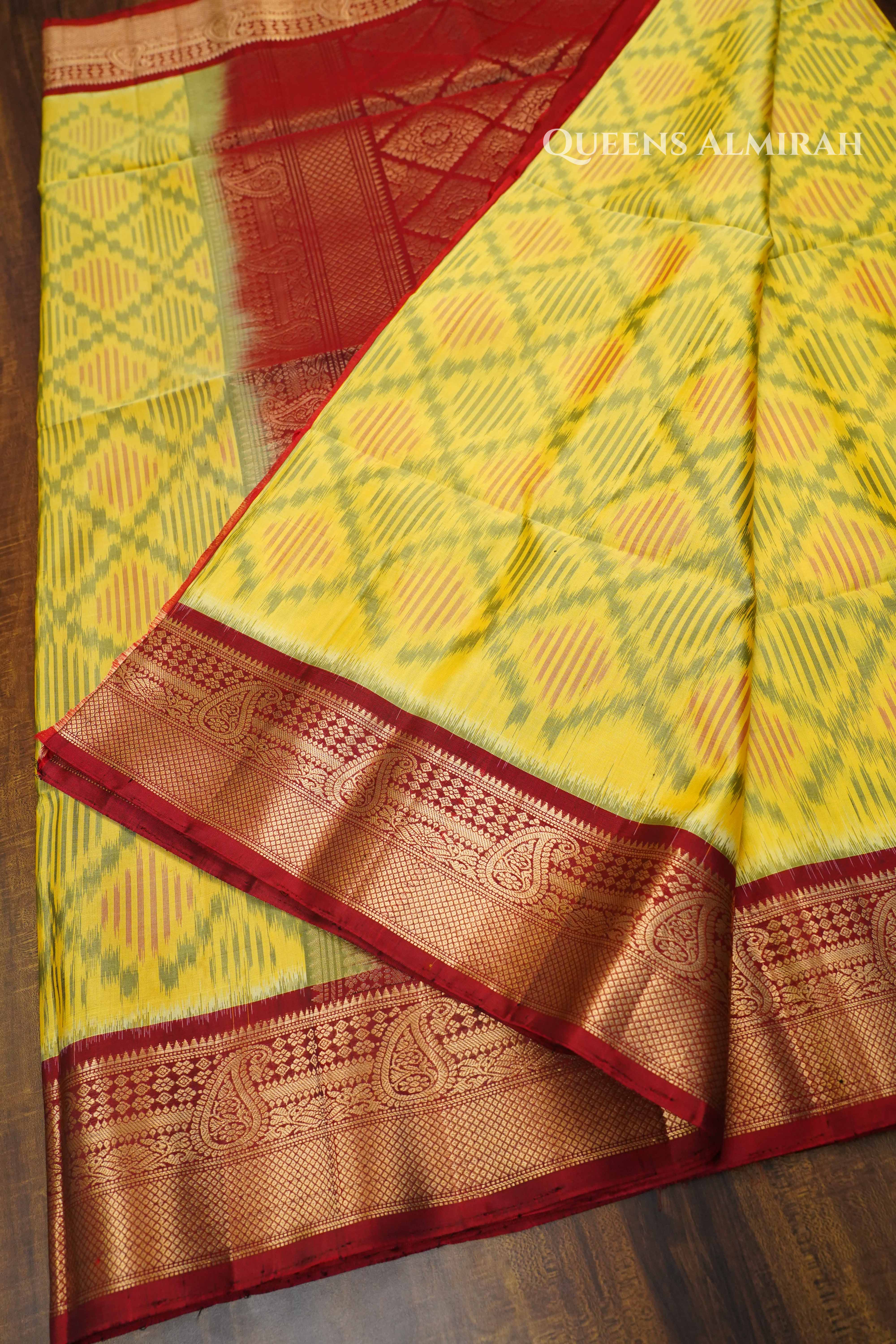 Lemon Yellow With Maroon Pure Soft Silk Saree QUEENS ALMIRAH