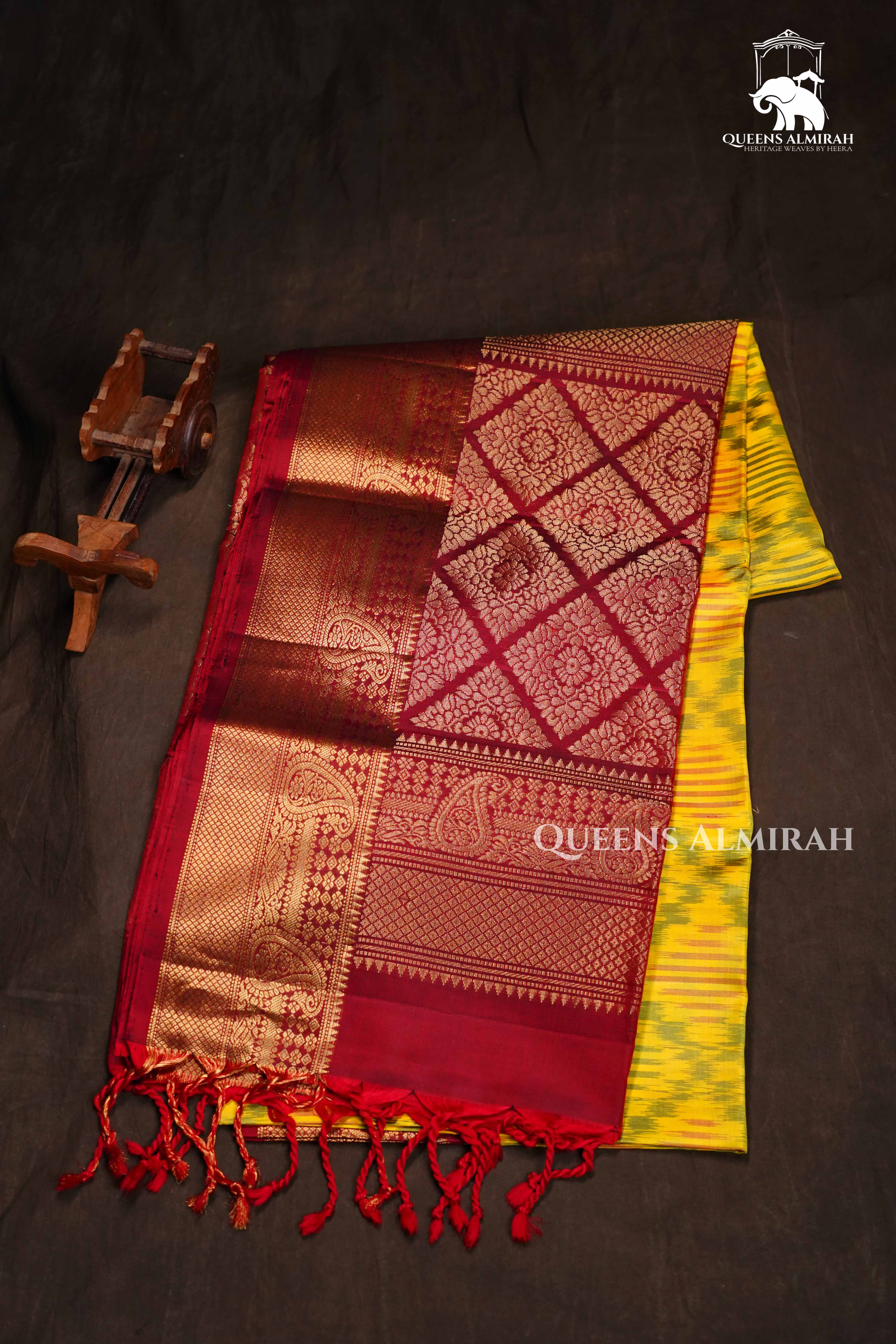 Lemon Yellow With Maroon Pure Soft Silk Saree QUEENS ALMIRAH