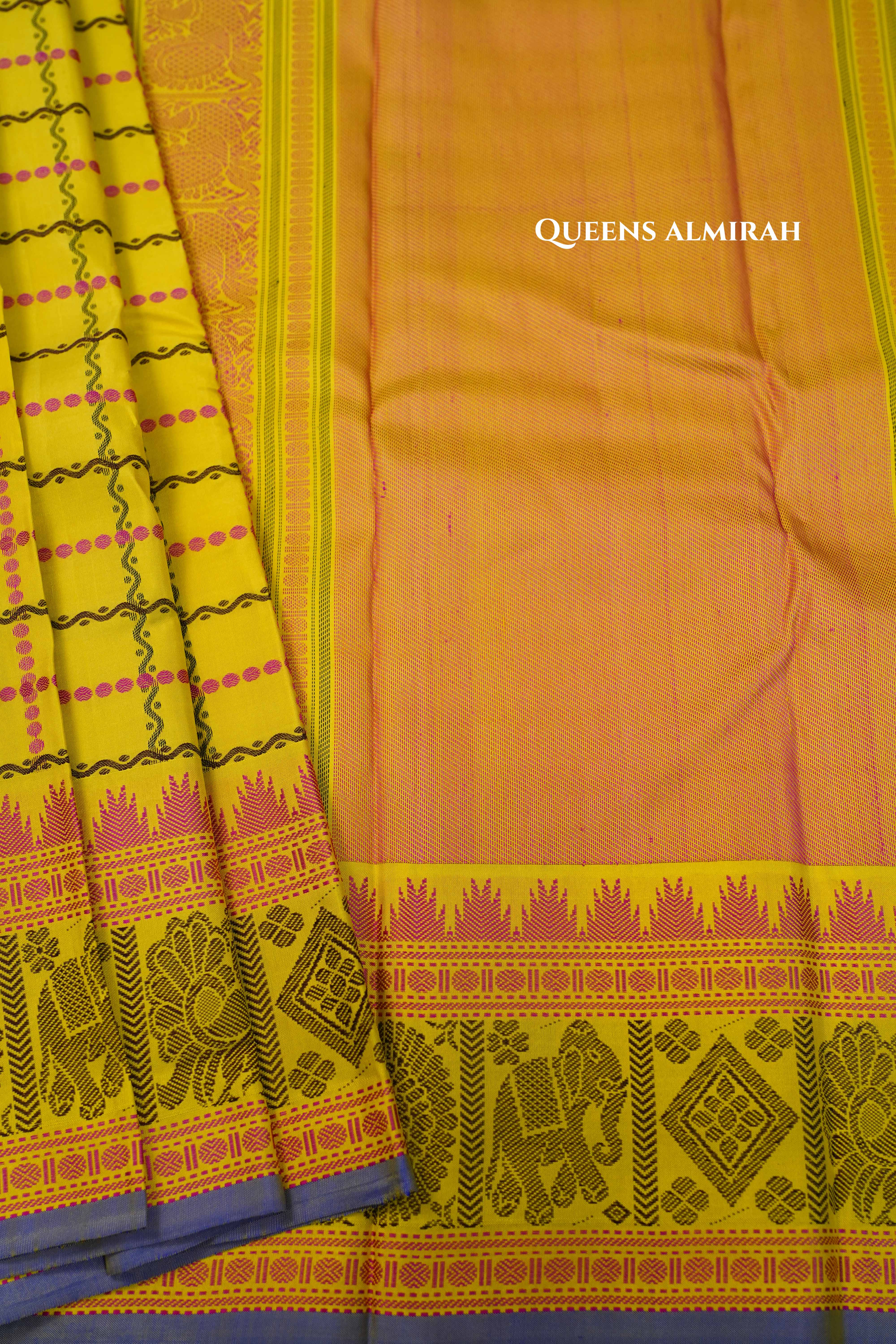 Lemon Yellow With Pink Pure Kanchivaram Silk Saree QUEENS ALMIRAH
