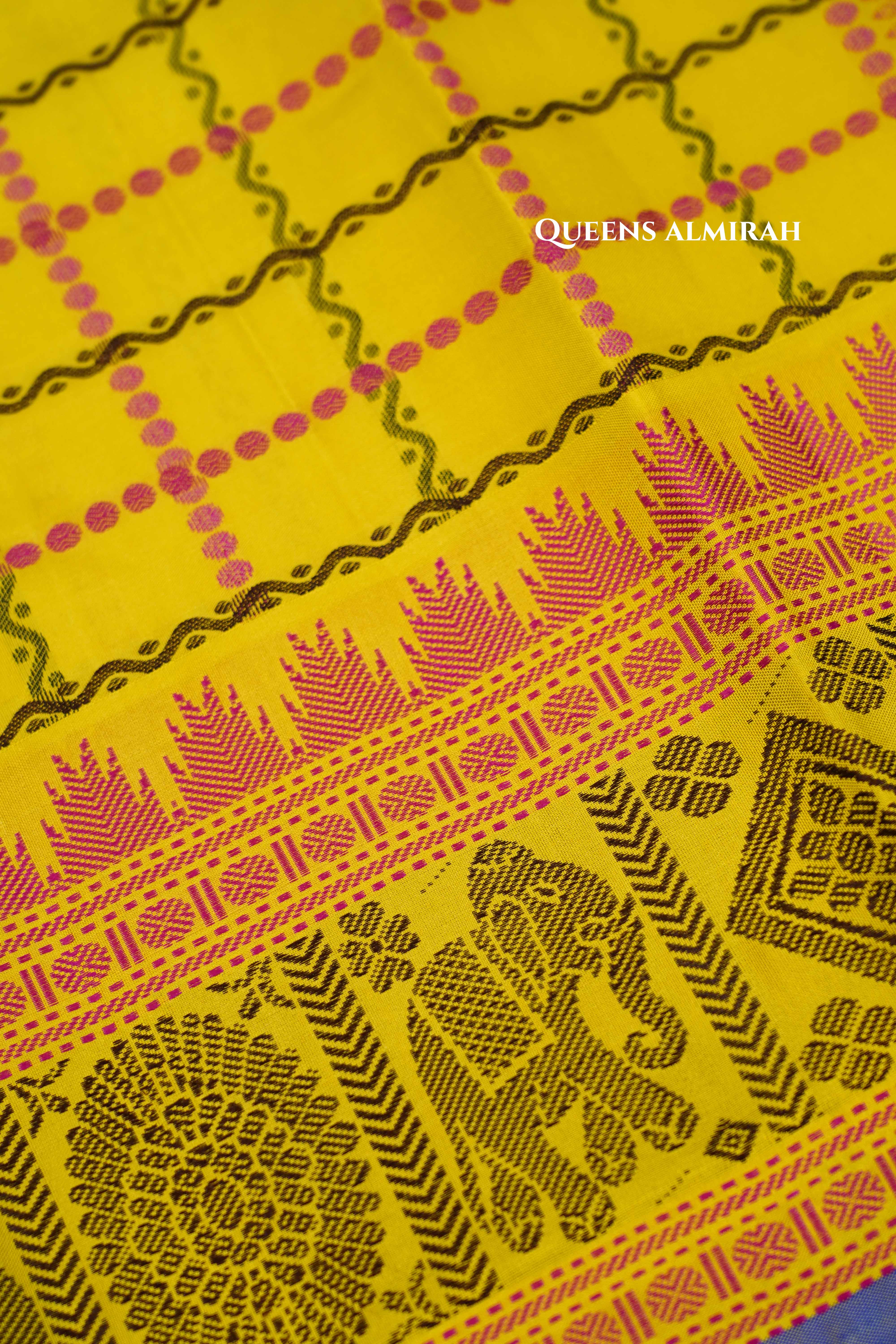 Lemon Yellow With Pink Pure Kanchivaram Silk Saree QUEENS ALMIRAH