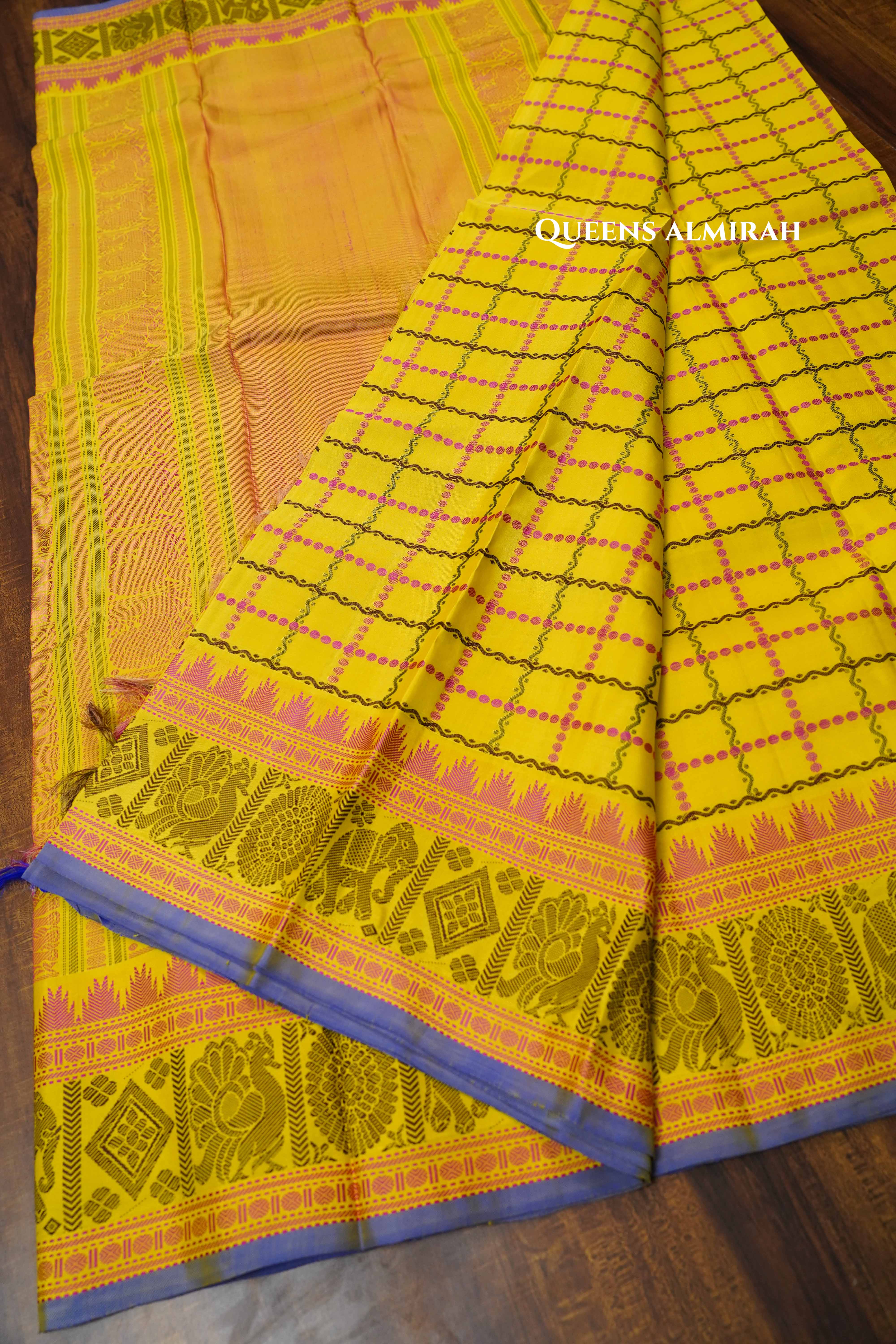 Lemon Yellow With Pink Pure Kanchivaram Silk Saree QUEENS ALMIRAH