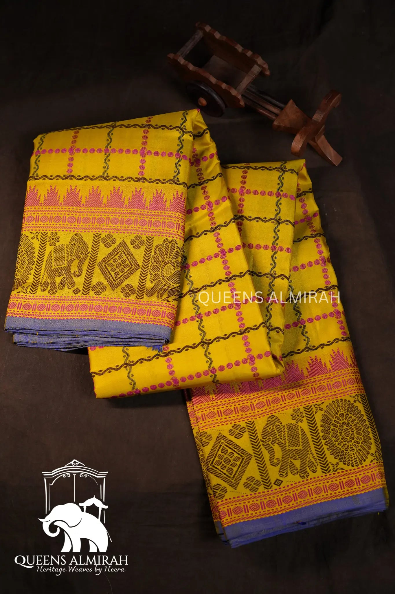 Lemon Yellow With Pink Pure Kanchivaram Silk Saree QUEENS ALMIRAH